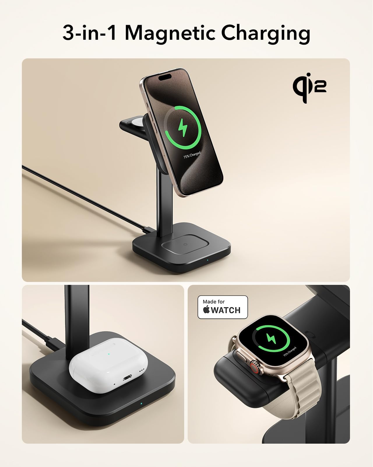 ESR Qi2 Certified 3-in-1 Wireless Charging Station - 15W MagSafe Charger Stand for iPhone 16/15/14/13, Apple Watch Charger & AirPods 4/3 - Fast Wireless Charger for Multiple Devices (Black) | Perfect for Home, Office & Travel Charging