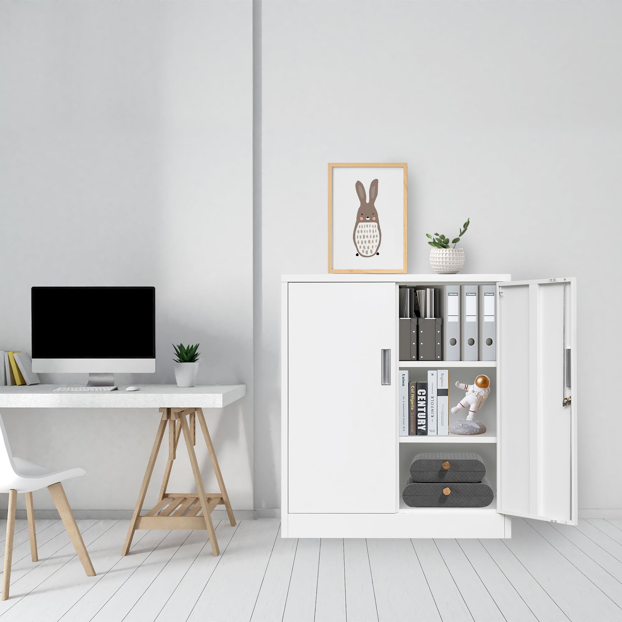 White Metal Storage Cabinet with Locking Doors & Adjustable Shelves - Secure Organizer for Office, Garage, Home & Workshop - Perfect for Tools, Documents & Household Supplies
