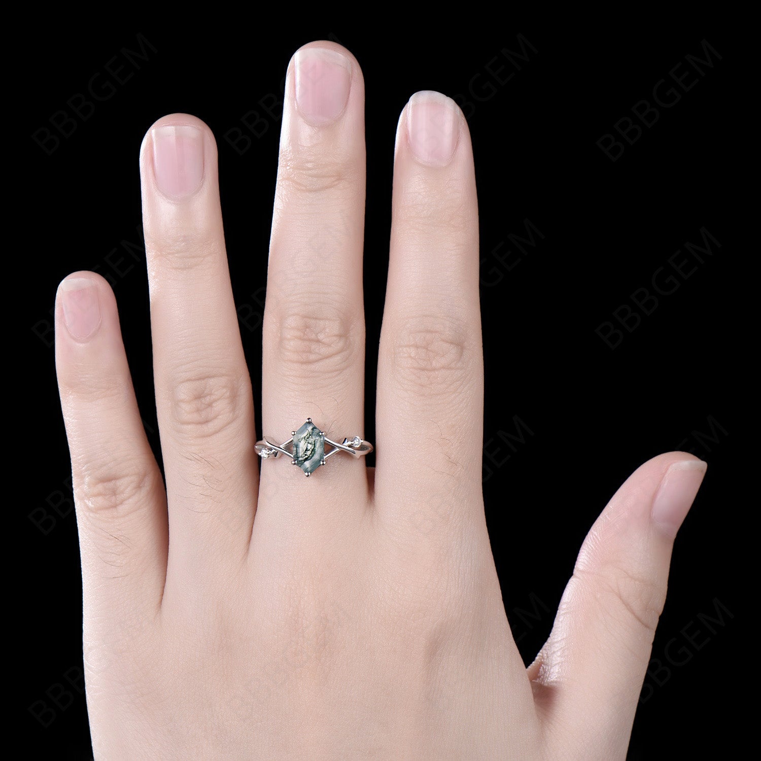 Women's Moss Agate Long Hexagon Ring - Twig Branch Green Agate Elongated Promise Ring in 925 Sterling Silver - Perfect for Engagement, Anniversary & Boho Jewelry Gifts