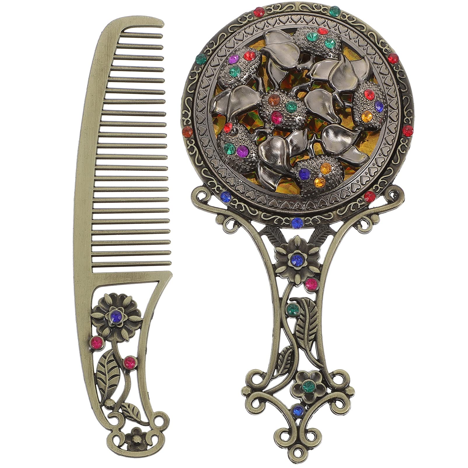 FRCOLOR Vintage Handheld Mirror & Comb Set - Antique Metal Travel Makeup Mirror with Elegant Design - Perfect for Home Vanity, Bridal Makeup, Travel & Gift Giving