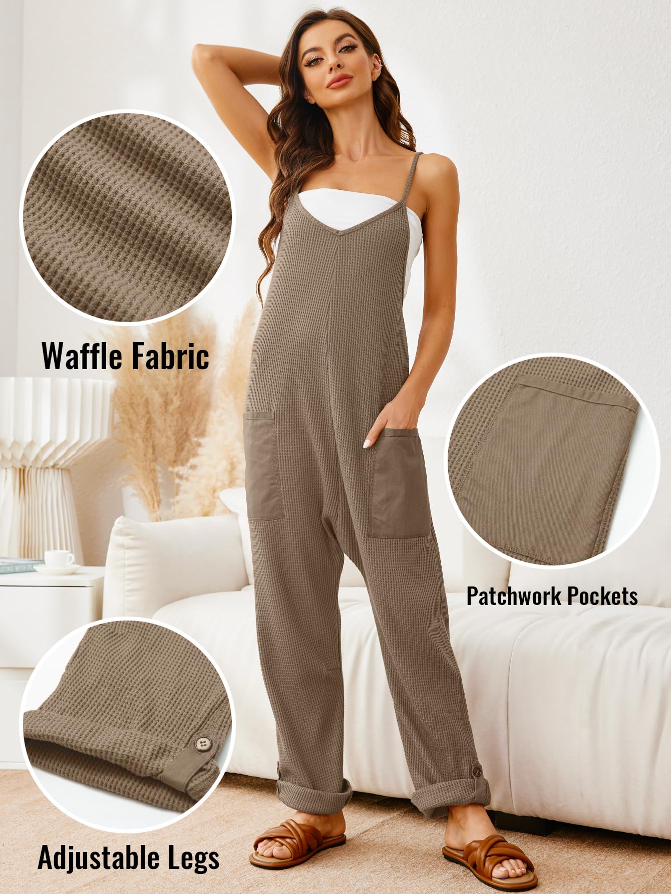 Glamaker Women's Casual Waffle Knit Jumpsuit - Loose Spaghetti Strap Overalls, Baggy Sleeveless Maternity Romper for Summer Outfits & Beach Wear