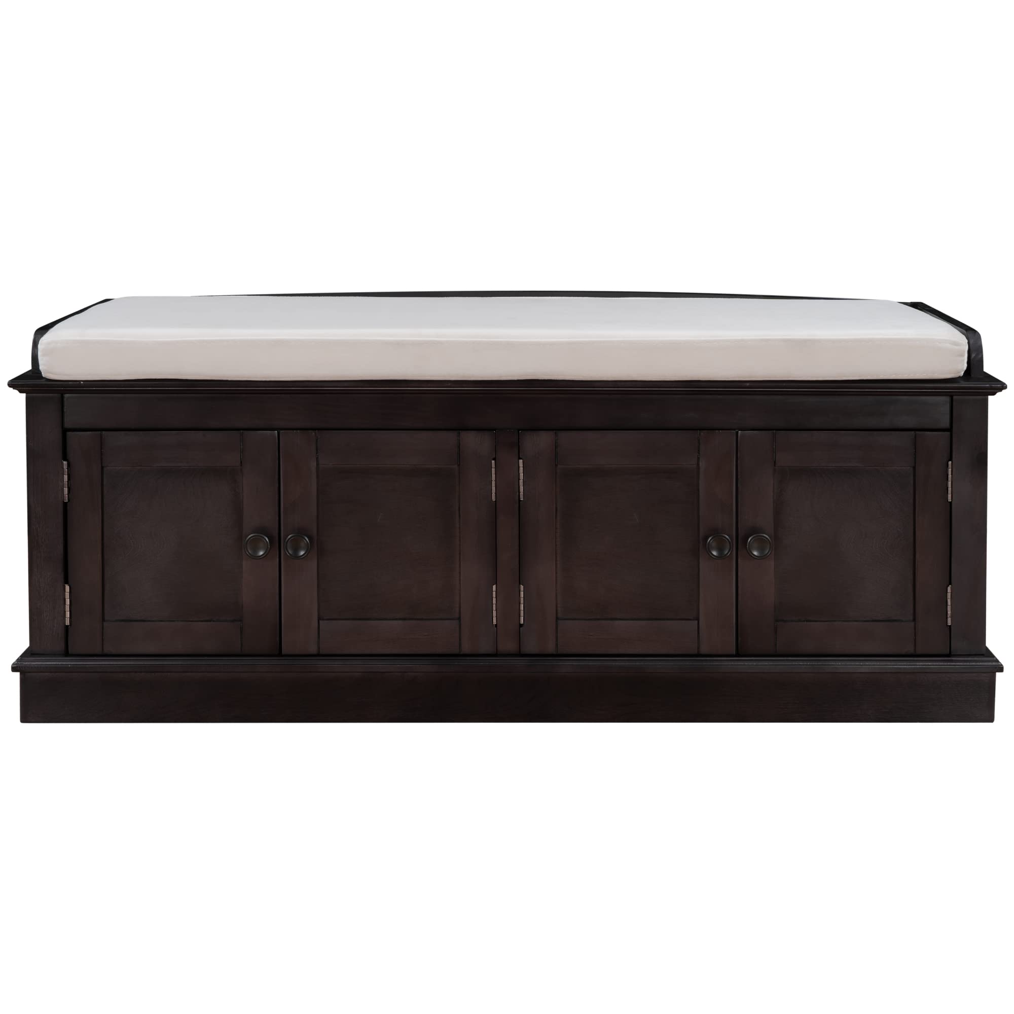 Storage Bench with 4 Doors & Adjustable Shelves - Entryway Shoe Bench with Removable Cushion for Living Room, Hallway, Bedroom - Espresso Finish for Home Organization & Comfortable Seating