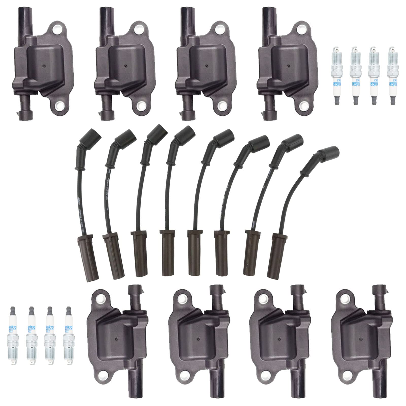 8-Piece Ignition Coil Pack & Platinum Spark Plug Wire Set - Compatible with Cadillac, Saab, Chevrolet, GMC, Pontiac, Isuzu (2005-2018 Models: Express, Silverado 1500/2500/3500/4500, Yukon, GTO) 6.0L V8 Engine - UF413 - Improves Engine Performance & Fuel Efficiency