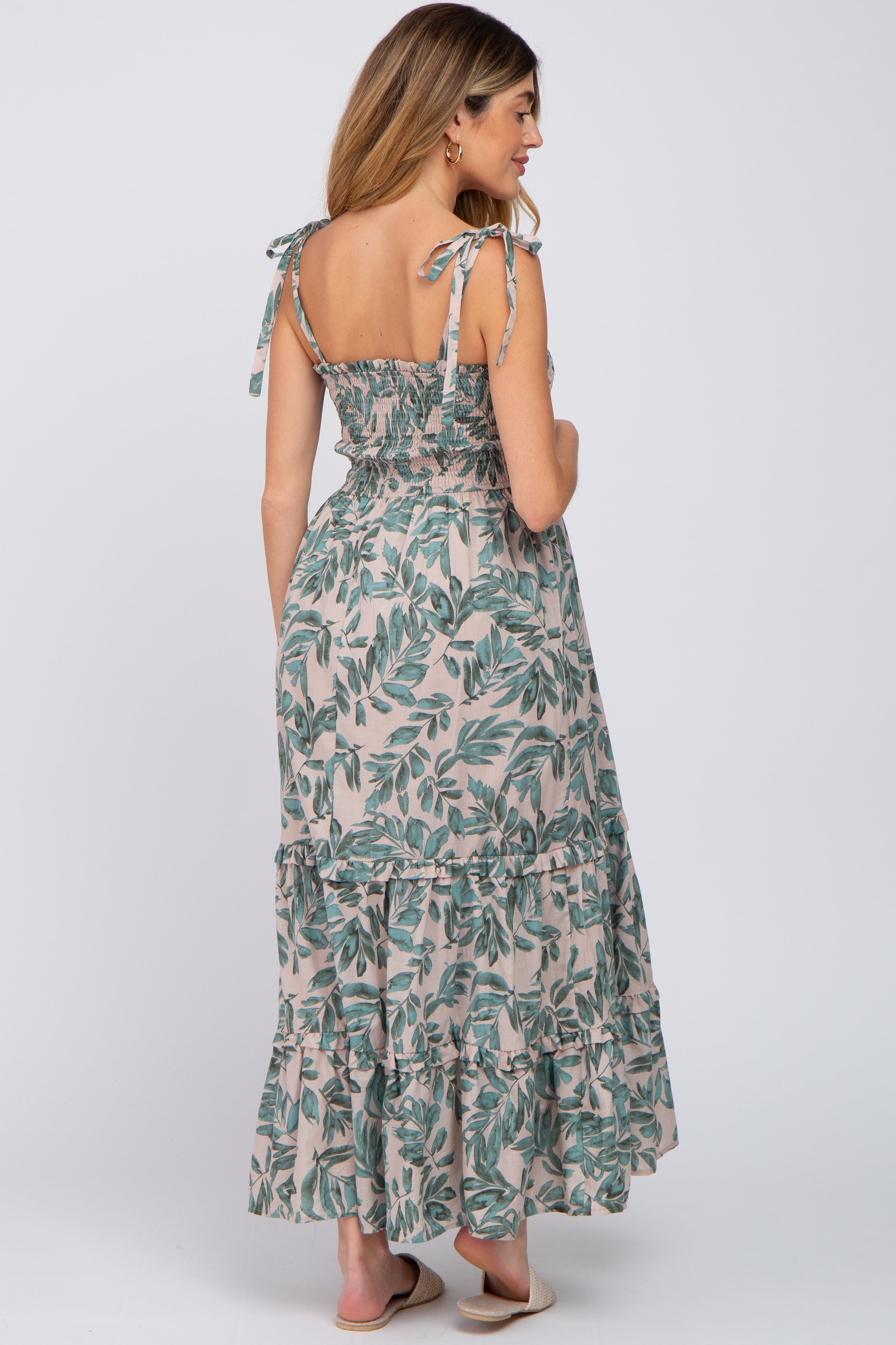 Beige Leaf Print Shoulder Tie Maternity Maxi Dress for Pregnancy - Comfortable Flowy Long Dress for Baby Shower, Maternity Photoshoot & Summer Vacation
