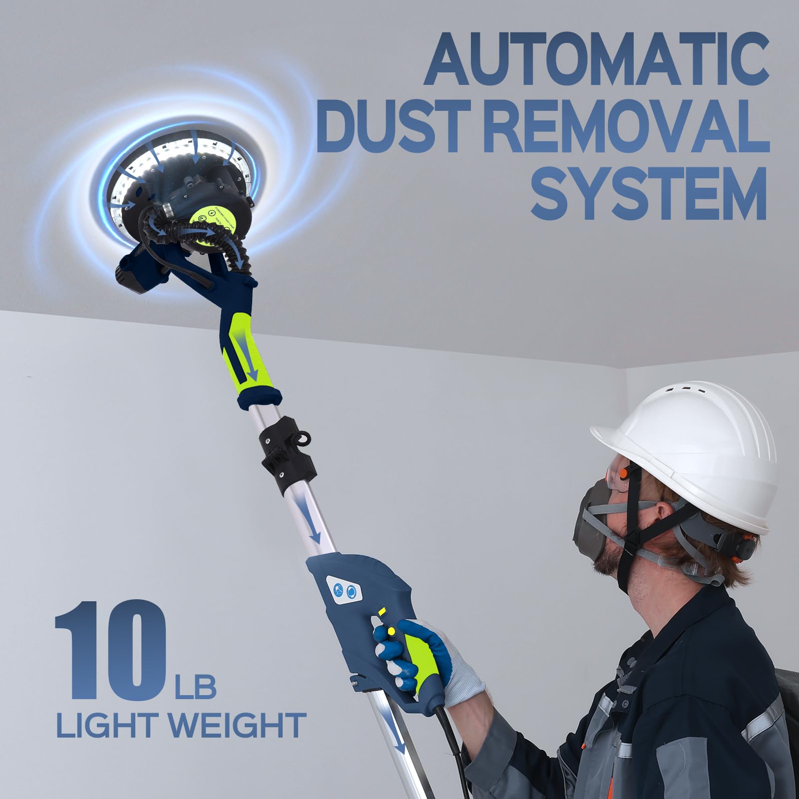 IMQUALI® 750W Electric Drywall Sander with Vacuum - 6.8A Power, 7-Speed Adjustable (800-1750 RPM), Extendable Handle & LED Light - Popcorn Ceiling Remover with 12 Sanding Discs (Navy Blue) - Perfect for Wall Smoothing, Paint Prep & DIY Home Renovation Projects