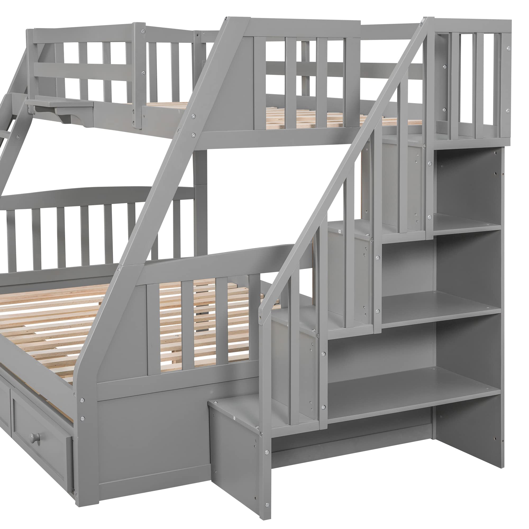 Solid Wood Twin-Over-Full Bunk Bed with Stairs & Storage - Kids Teens Adults Bedroom Furniture (Gray)
