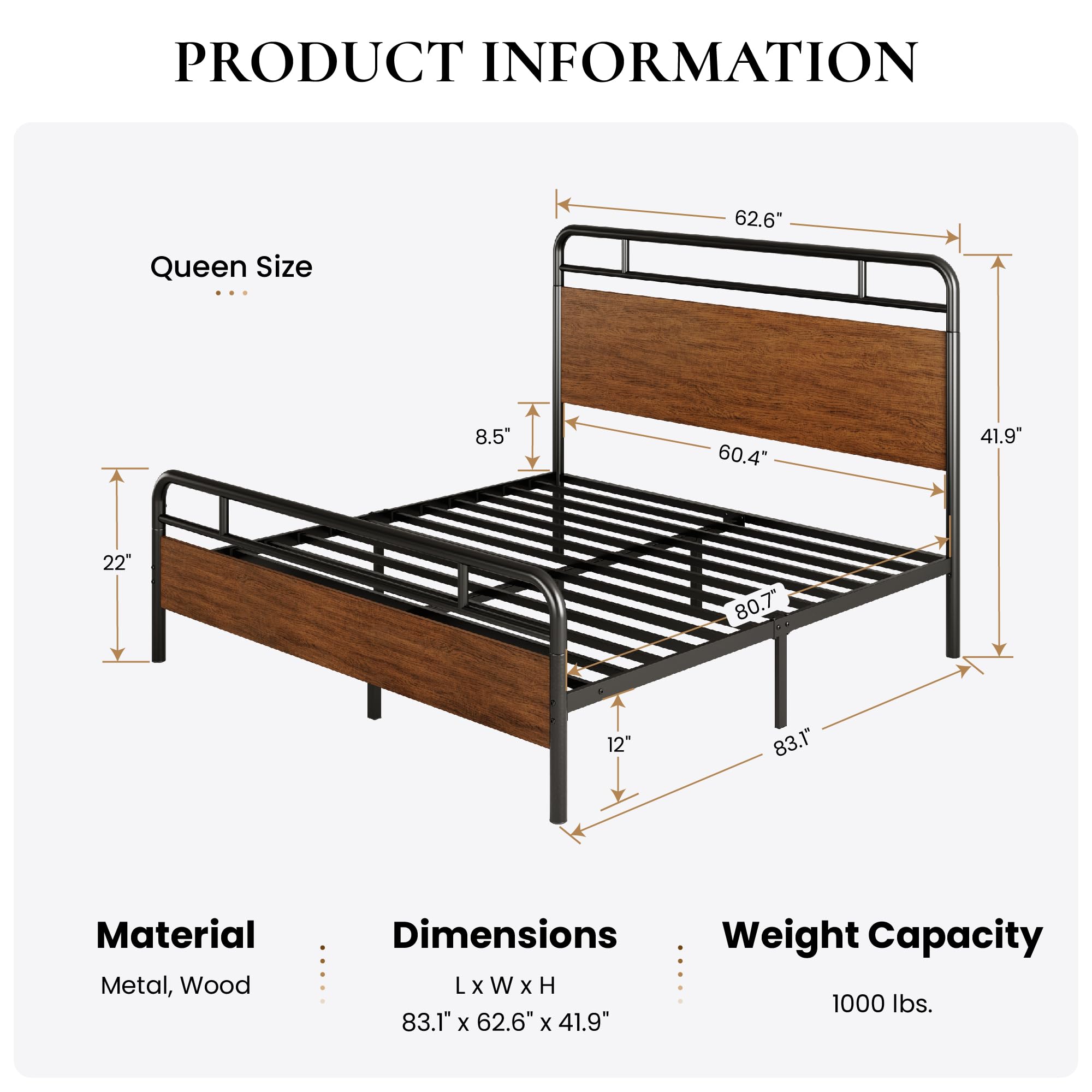 SHA CERLIN Queen Size Bed Frame with Wooden Headboard & Footboard - Sturdy Metal Frame, Heavy Duty Slats, Under-Bed Storage - No Box Spring Needed - Walnut Finish - Perfect for Bedroom, Guest Room & Small Spaces