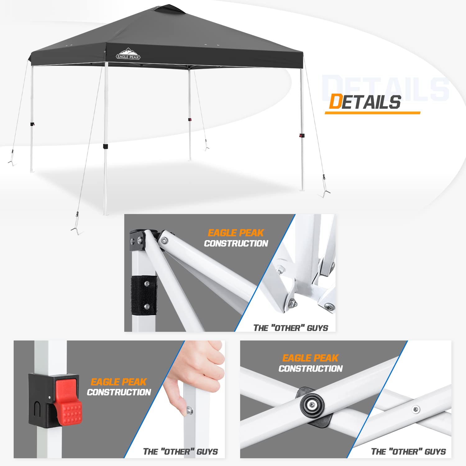 EAGLE PEAK 10x10 ft Pop Up Canopy Tent with Wheeled Carry Bag - Includes 8 Stakes, 4 Ropes & 4 Weight Bags - Easy Setup Portable Shade Shelter (100 sq ft Coverage, Gray) - Perfect for Outdoor Events, Camping, Beach Trips & Backyard Parties
