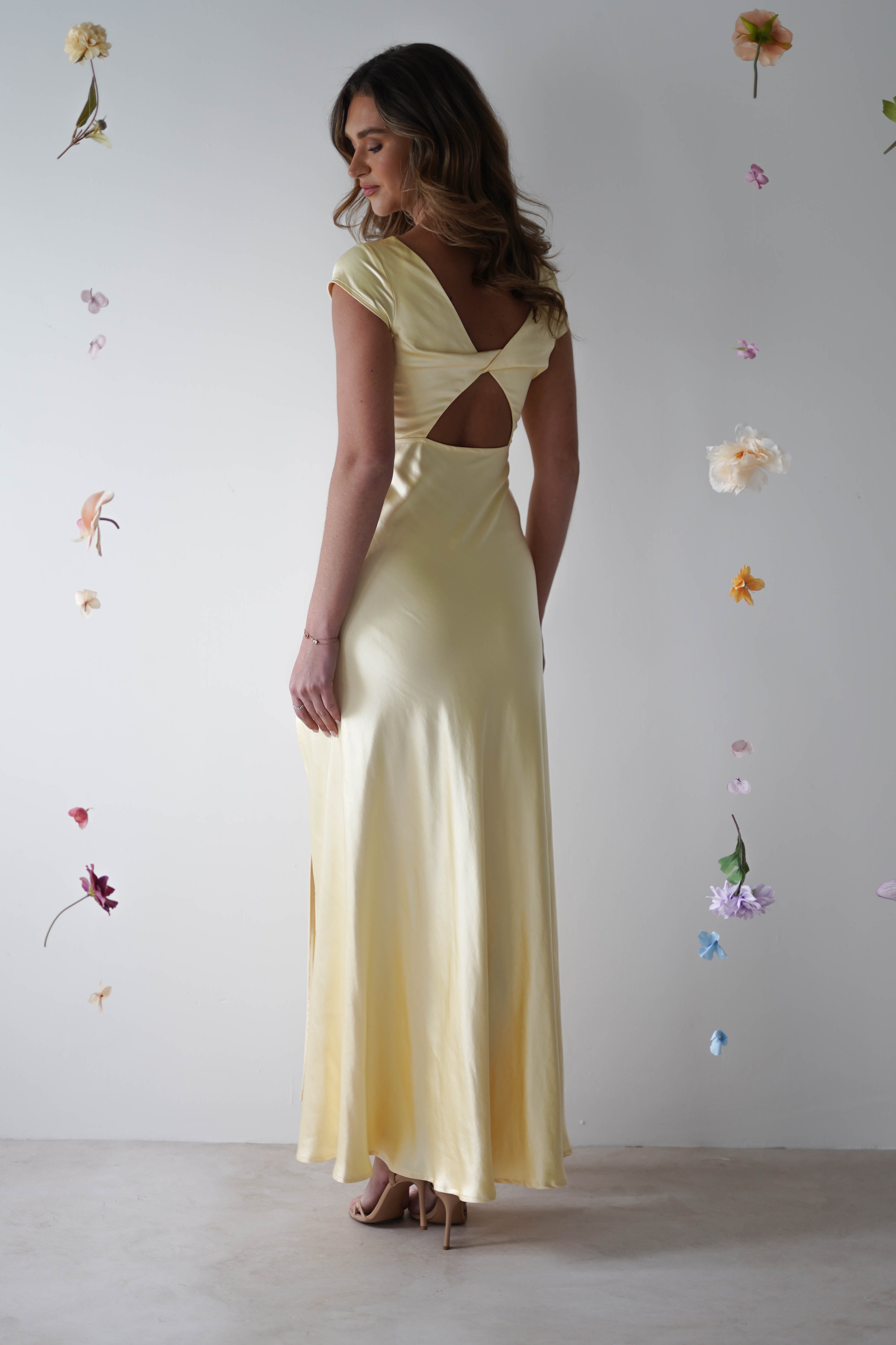 Ramona Soft Satin Maxi Dress for Women - Flowy Long Summer Dress in Yellow | Elegant Beachwear, Evening Party & Vacation Outfit