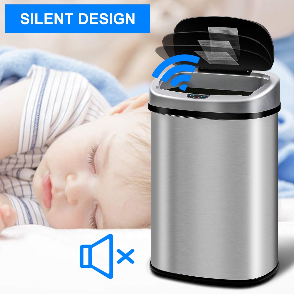 Automatic Touch-Free Stainless Steel Trash Can - 13 Gallon/50L High-Capacity Kitchen Garbage Bin with Lid for Bathroom, Bedroom & Home Office - Odor Control & Hands-Free Operation for Hygienic Waste Disposal