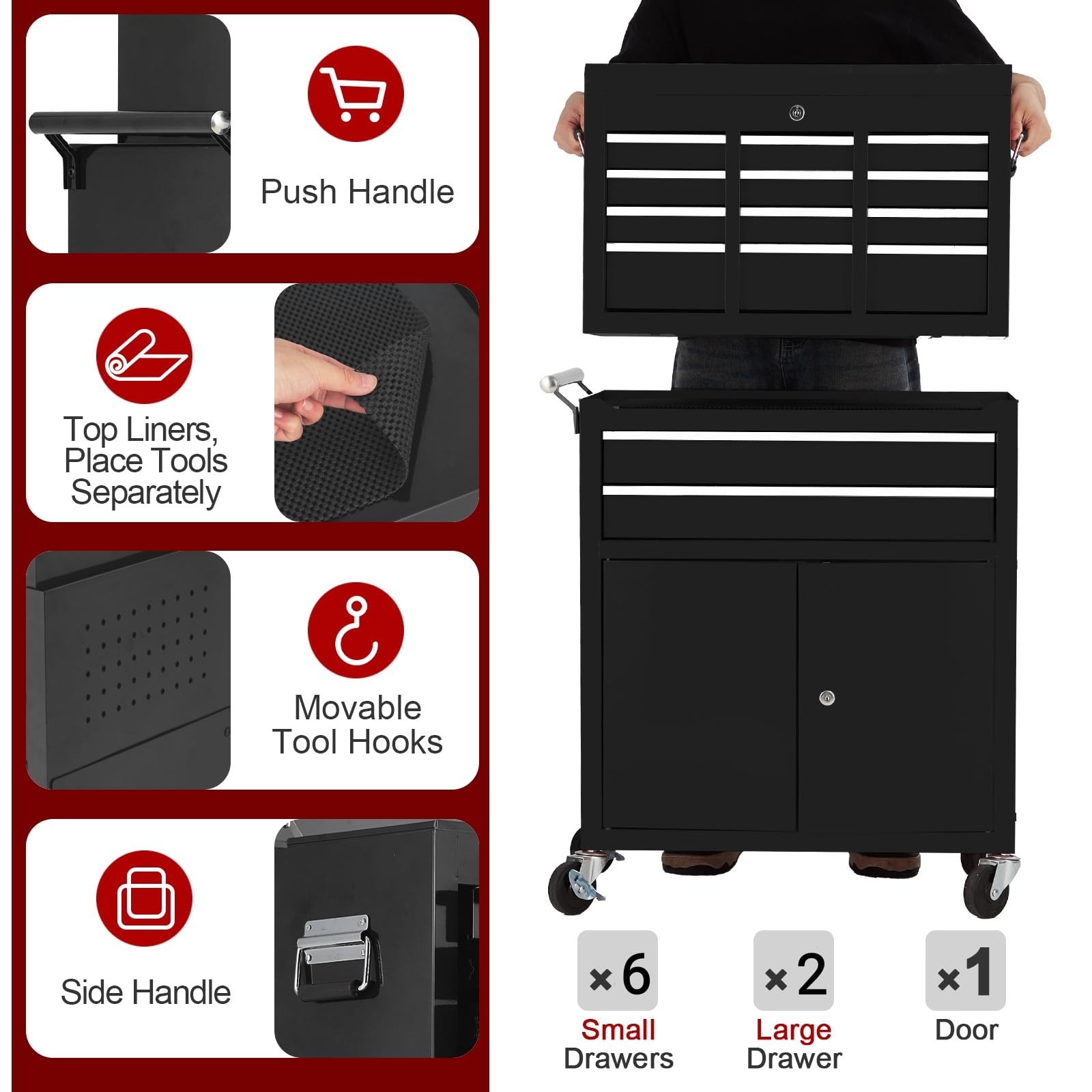 8-Drawer Rolling Tool Storage Cabinet - Heavy Duty 2-in-1 Large Capacity Tool Box with Wheels & Lockable Drawers, Detachable Top Chest, Metal Tool Cart for Garage, Workshop & Home Organization
