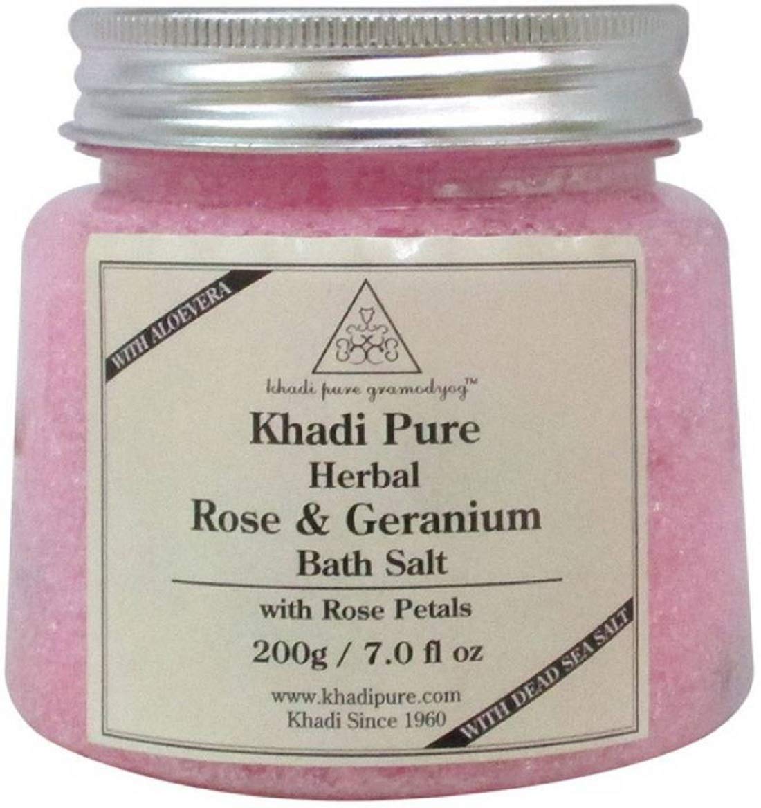 Khadi Pure Herbal Rose & Geranium Bath Salt with Rose Petals - 200g | Natural Relaxing Bath Soak for Stress Relief & Skin Care | Perfect for Spa Nights & Self-Care Rituals