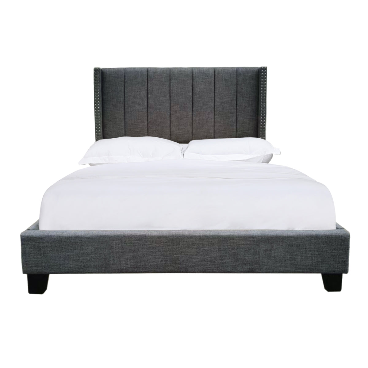 Clara Queen Bed Frame - Dark Grey Linen Upholstered Platform Bed with Tufted Headboard & Nailhead Trim for Modern Bedroom Decor