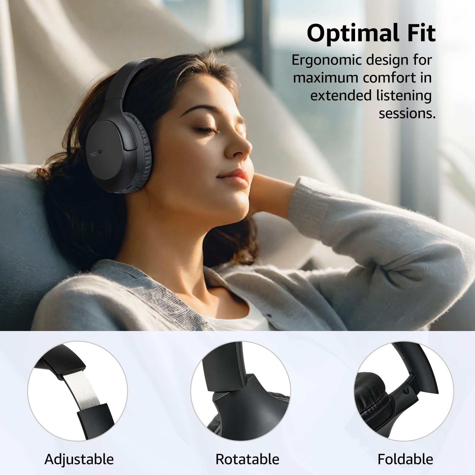 TOZO Bluetooth 5.4 Over Ear Headphones with ENC Noise Cancelling Mic, 70H Playtime Wireless Headset - Foldable Design, Deep Bass Stereo Sound, Customizable EQ via App - Perfect for Travel, Home Office & Commuting