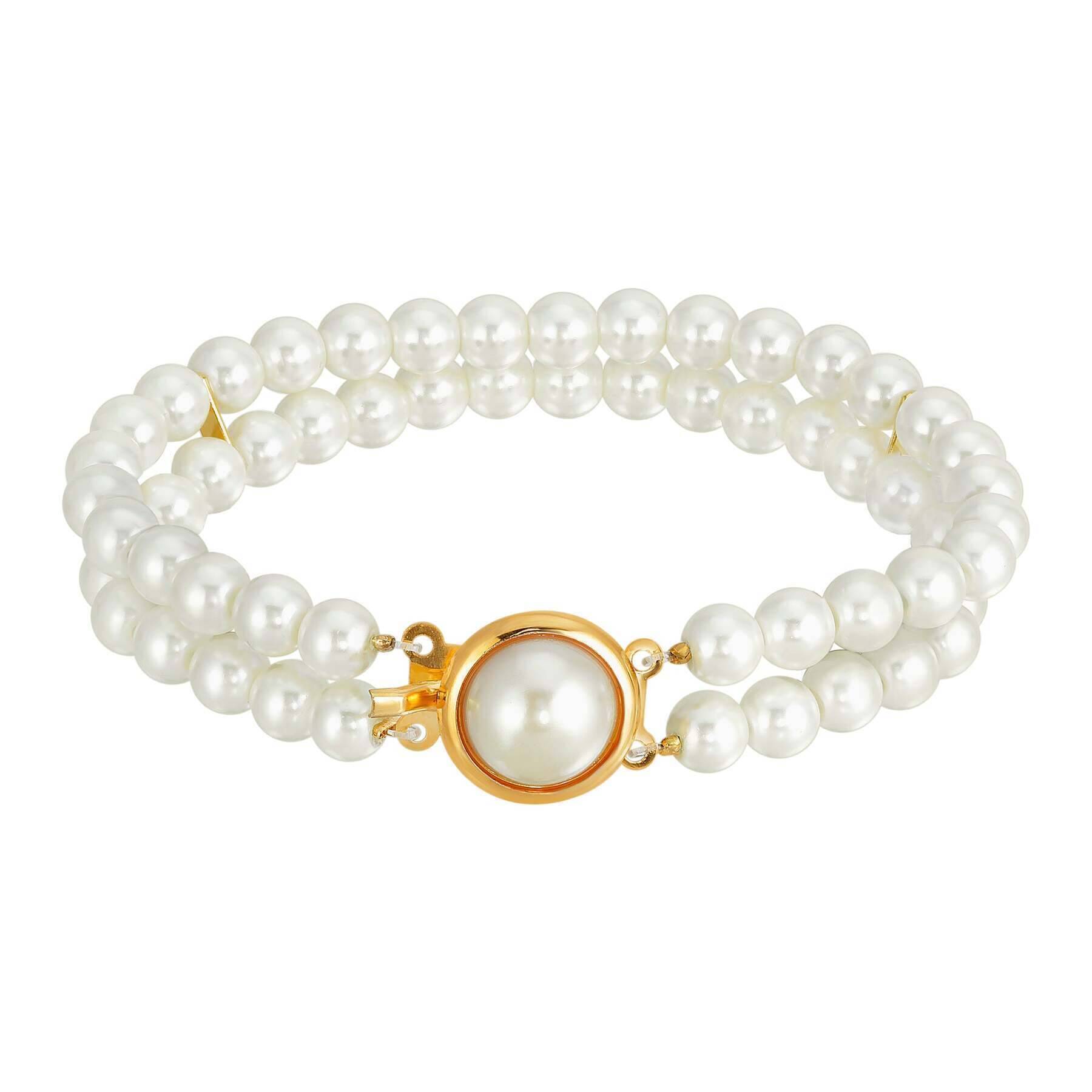 1928 Jewelry Double Strand 6mm Faux Pearl Bracelet for Women - Elegant Vintage Style Pearl Bracelet for Wedding, Party & Special Occasions