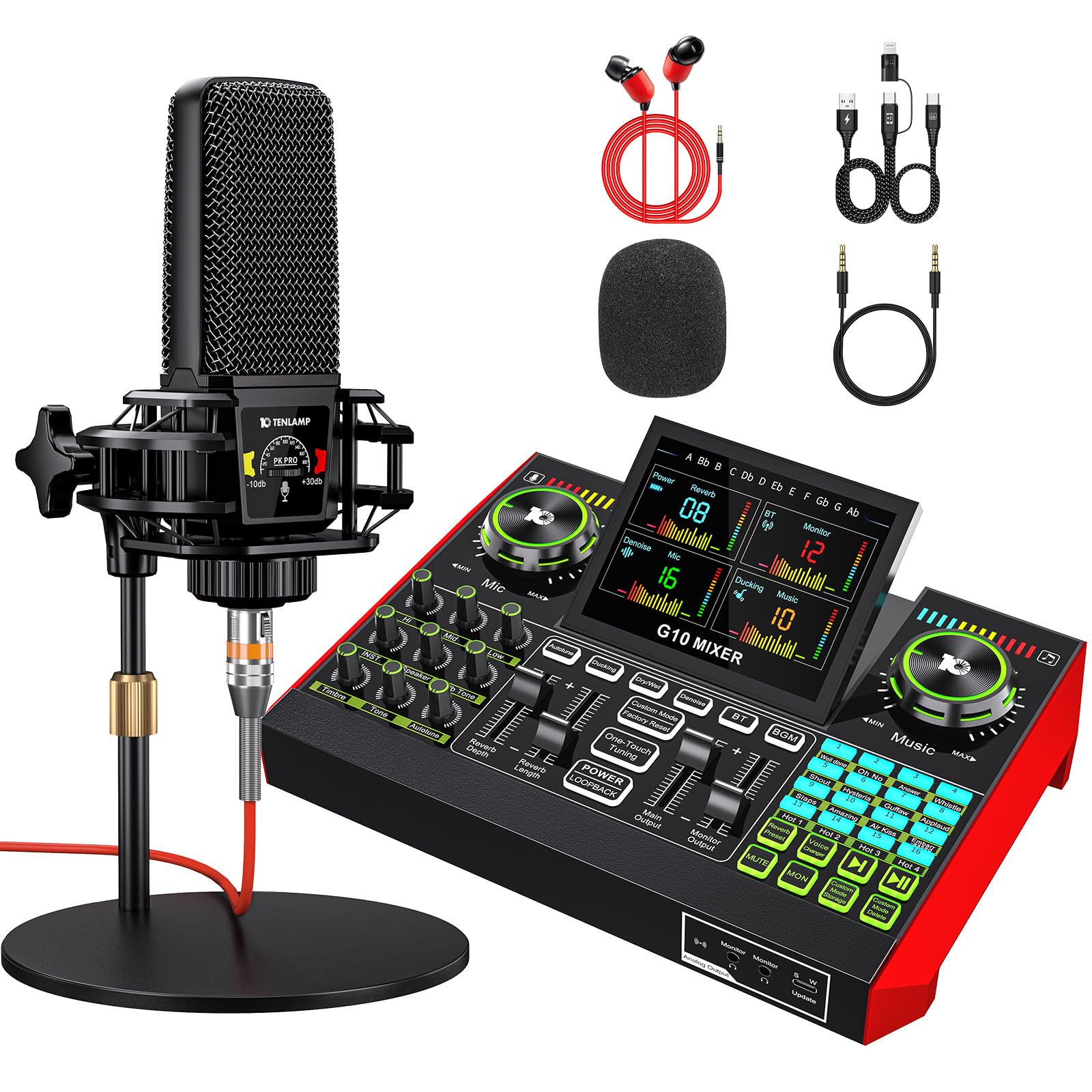 Professional Podcast Microphone Bundle with Live Sound Card & Audio Mixer – Condenser Mic for PC/Phone Streaming, Gaming, Singing – Includes Voice Changer & Noise Reduction – Perfect for Home Studios, YouTube, Twitch & Podcasting