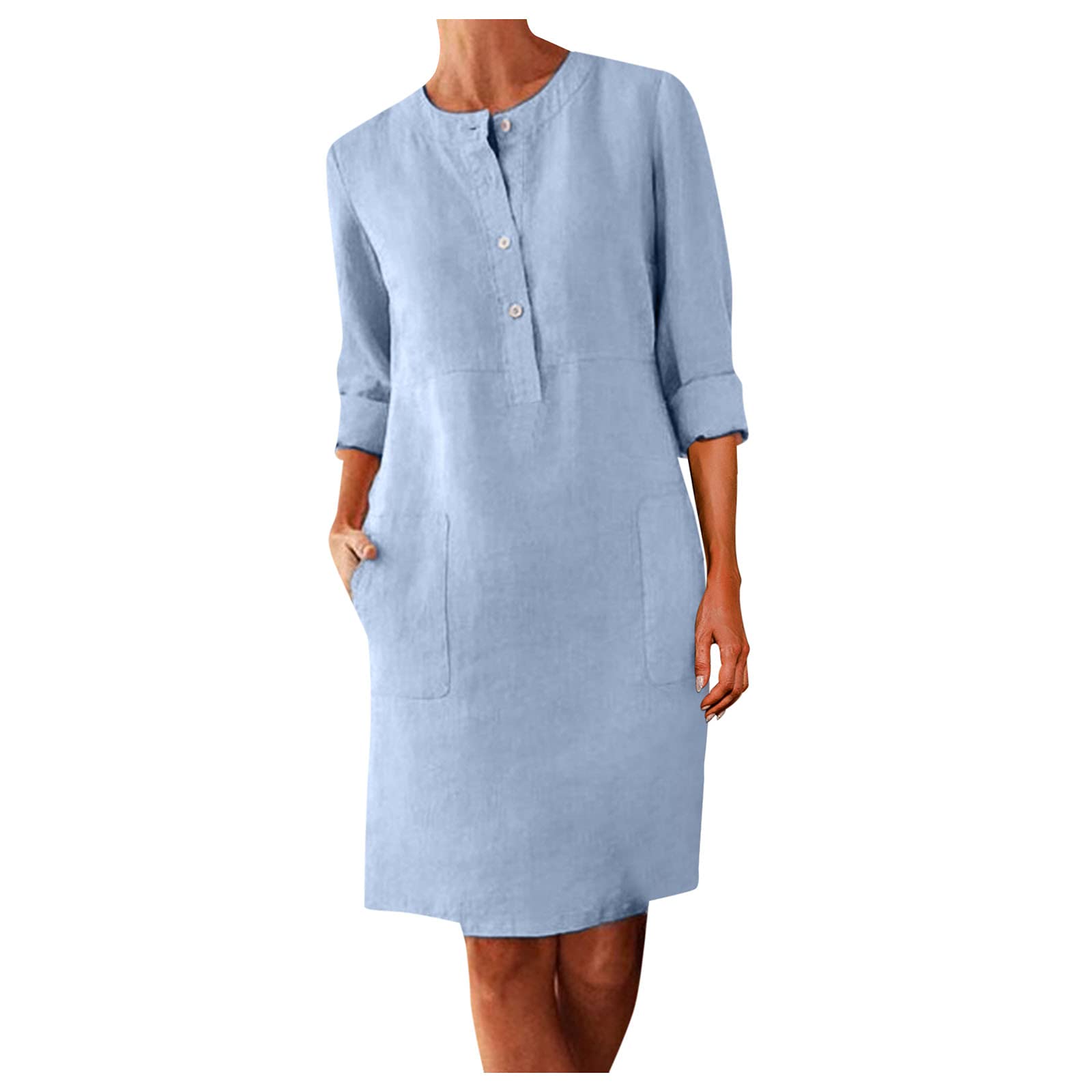Boho Casual Women's Linen Dress - Knee-Length Button Down Round Neck Loose Fit Summer Dress for Beach, Travel & Everyday Wear