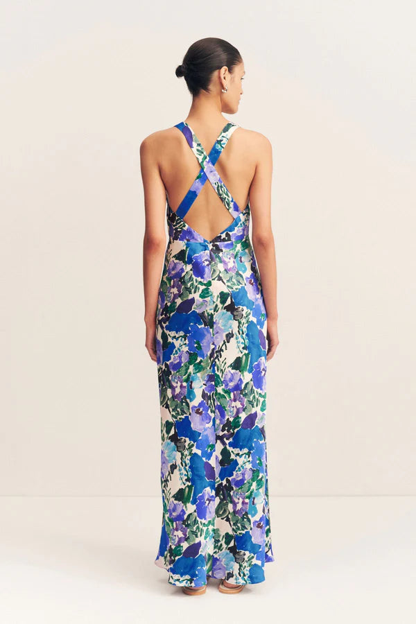 Curlewis Plunged Cross Back Maxi Dress in Ocean Blue - Elegant Beach Wedding & Summer Vacation Dress for Women