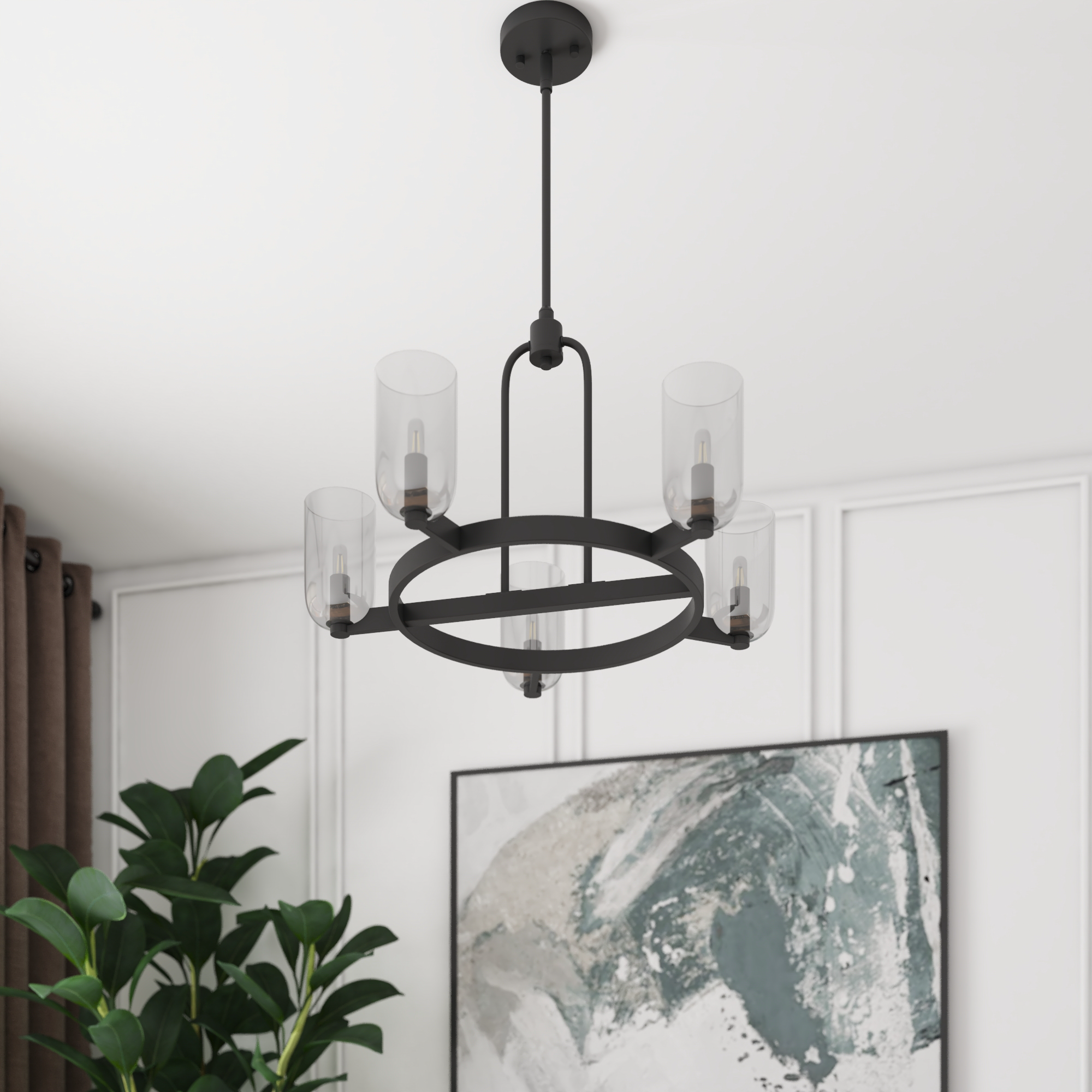 5-Light Hansley Chandelier in Matte Black with Clear Glass Shades - Perfect for Dining Room, Living Room, and Bedroom Lighting