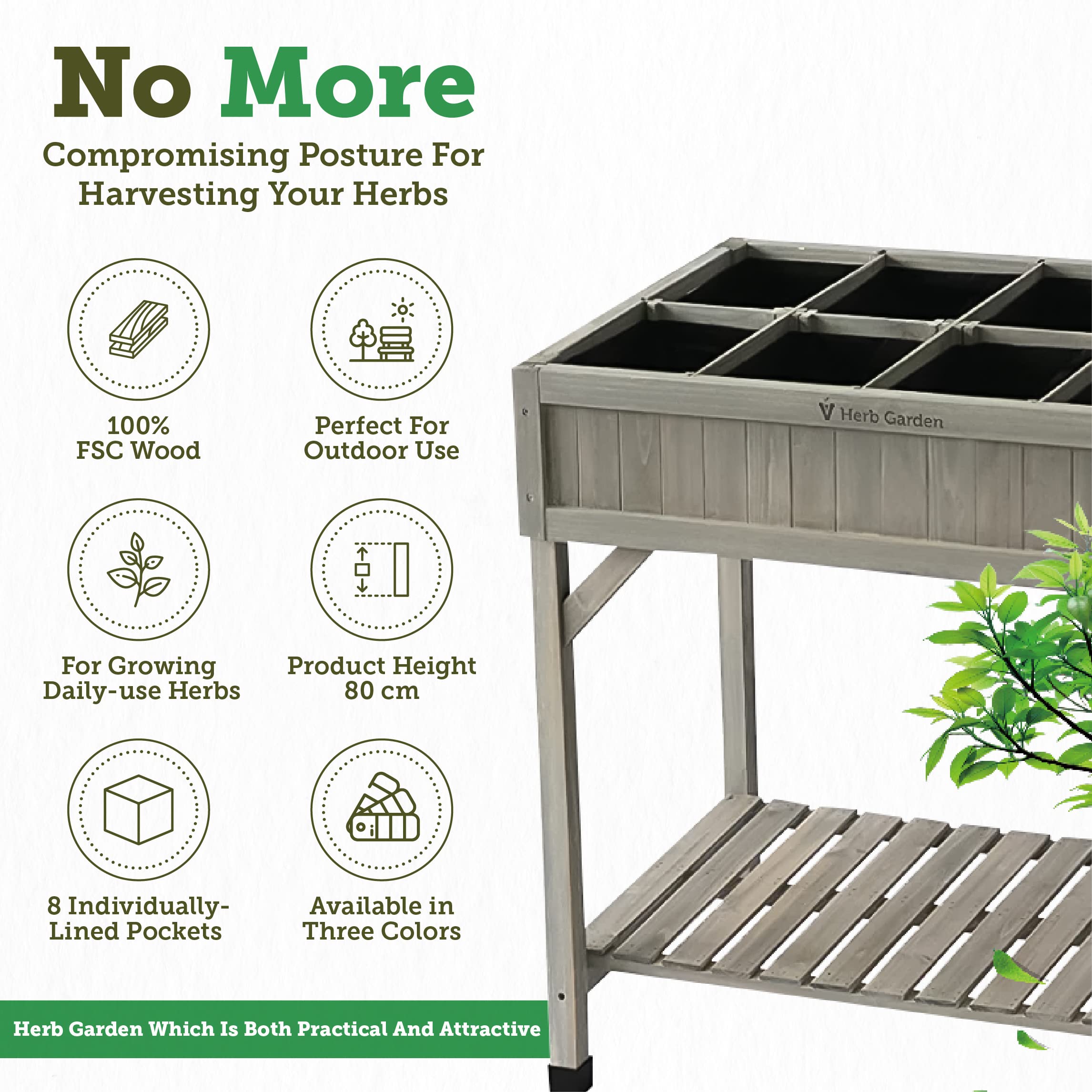 VegTrug 8 Pocket Wooden Herb Garden Planter with Herb Snips - Gray Wash Raised Bed for Patio, Balcony & Kitchen - Grow Fresh Basil, Mint, Parsley & More