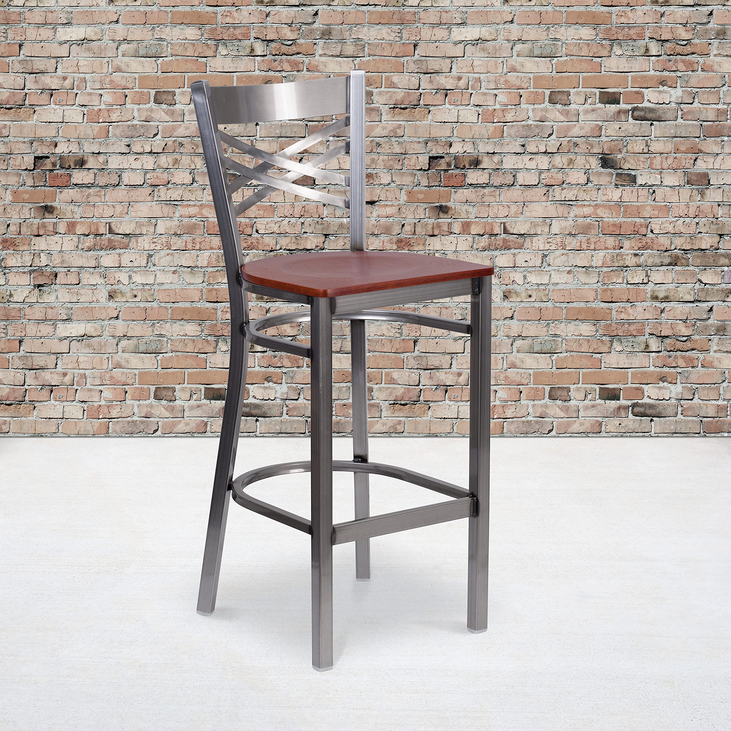Flash Furniture HERCULES Series Clear Coated X-Back Metal Bar Stool with Cherry Wood Seat - Commercial Restaurant & Home Bar Counter Stool for Kitchen Island, Pub, and Dining Room