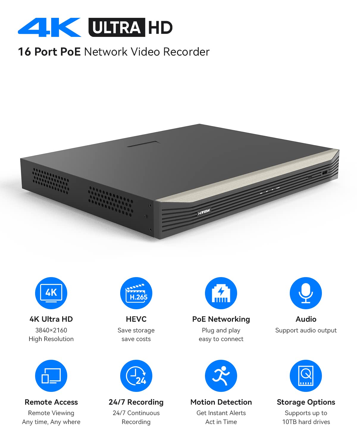 H.VIEW 16 Channel 4K/8MP PoE NVR Security System - Supports 16 x 4K IP Cameras, 16-Port PoE Switch, Up to 2x10TB HDD (Not Included) - Ideal for Home Security, Business Surveillance & 24/7 Monitoring