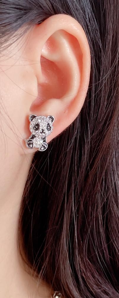 Hypoallergenic CZ Panda Stud Earrings for Women - Sterling Silver Plated Asymmetric Crystal Animal Huggie Earrings - Sensitive Ear Friendly Fashion Jewelry - Perfect Gift for Daughter, Sister & BFF - Great for Casual Wear, Date Nights & Special Occasions