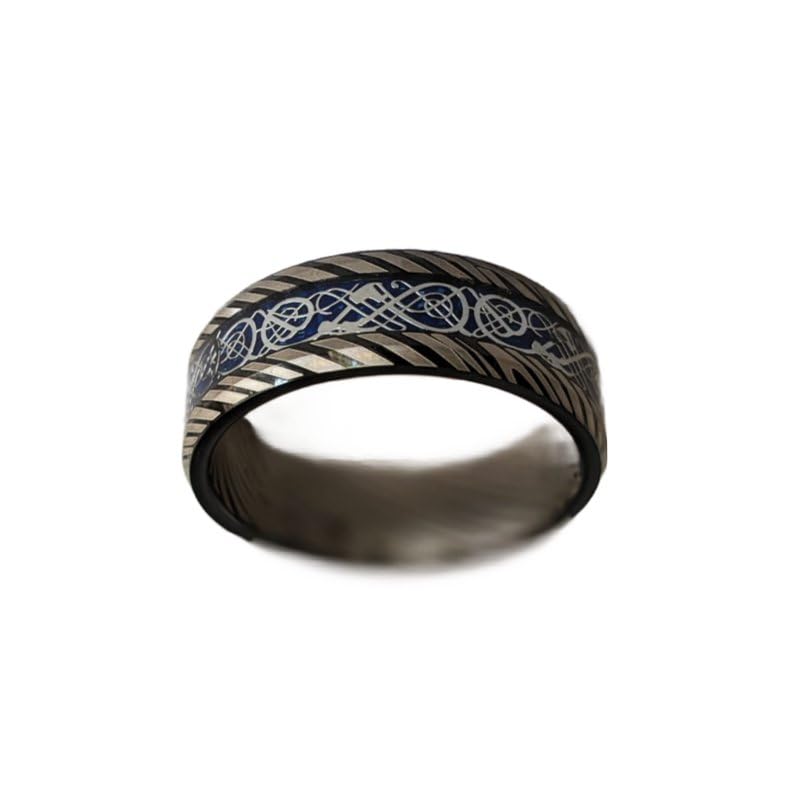 Black Damascus Steel Men's Wedding Band with Blue Carbon Fiber Inlay - 8mm Tungsten Celtic Viking Ring - Durable & Unique Silver Mens Jewelry - Perfect Anniversary Gift for Him - Great for Weddings, Engagements & Special Occasions