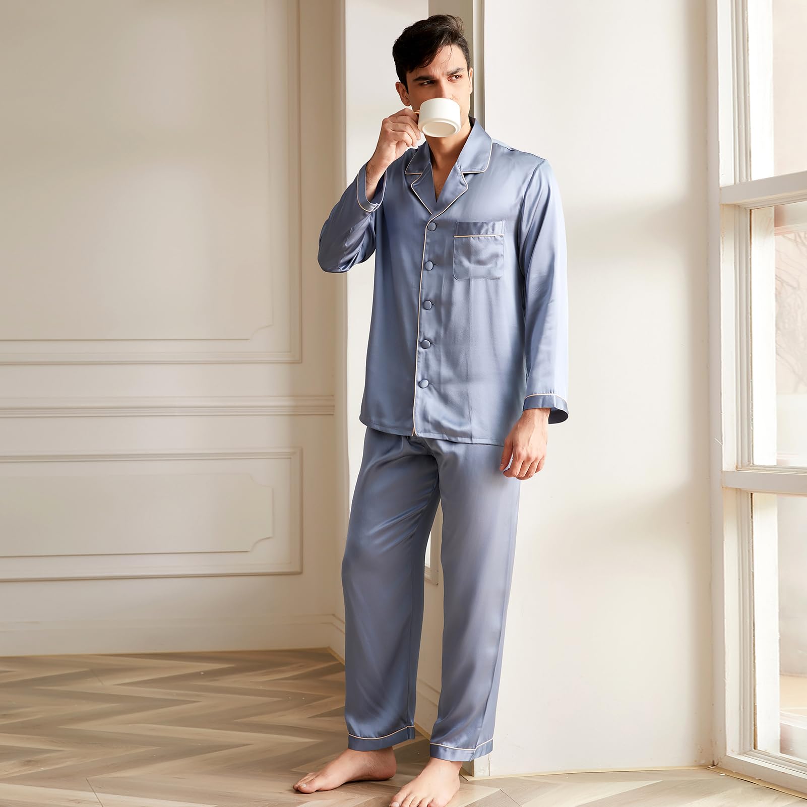 Premium 19 Momme Mulberry Silk Pajama Set for Men - 2-Piece Long Sleeve Luxury Sleepwear | Lightweight & Breathable Silk Pajamas | Perfect for Lounging, Travel & Gift Giving
