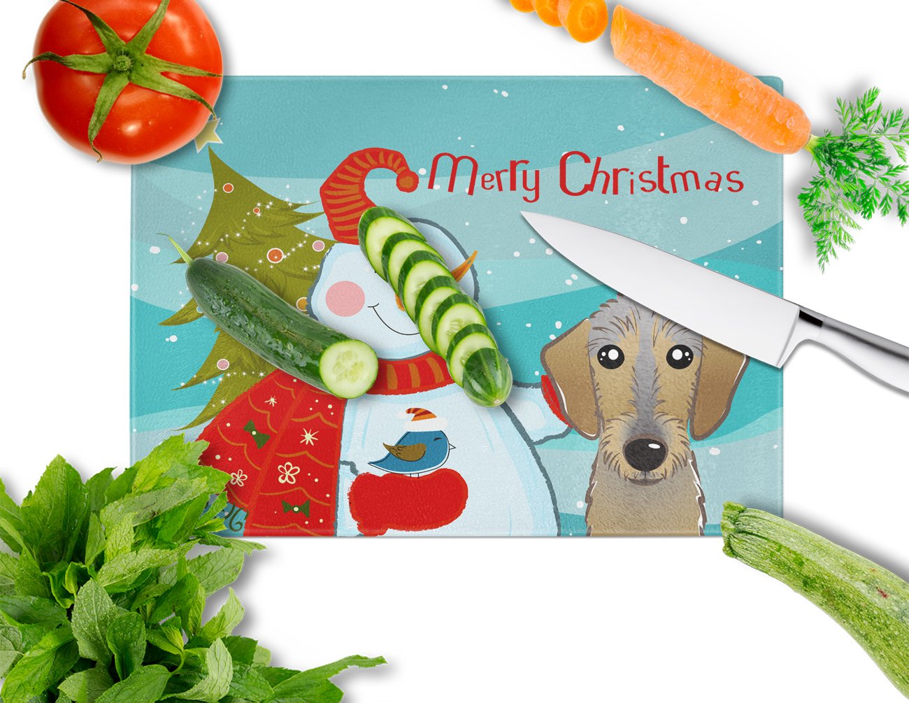 Snowman with Wirehaired Dachshund Tempered Glass Cutting Board - Large Decorative Kitchen Chopping & Serving Board for Holiday Entertaining & Food Prep | Caroline's Treasures BB1853LCB