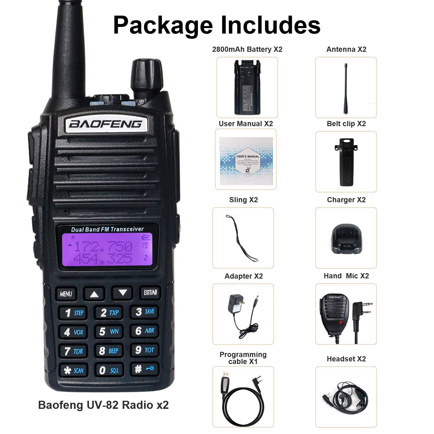 BaoFeng UV-82 High Power Dual Band Ham Radio - 2 Pack Black Walkie Talkies with Earpiece, Speaker Mic & Programming Cable | Emergency Communication, Outdoor Adventures, Construction & Security Team Use