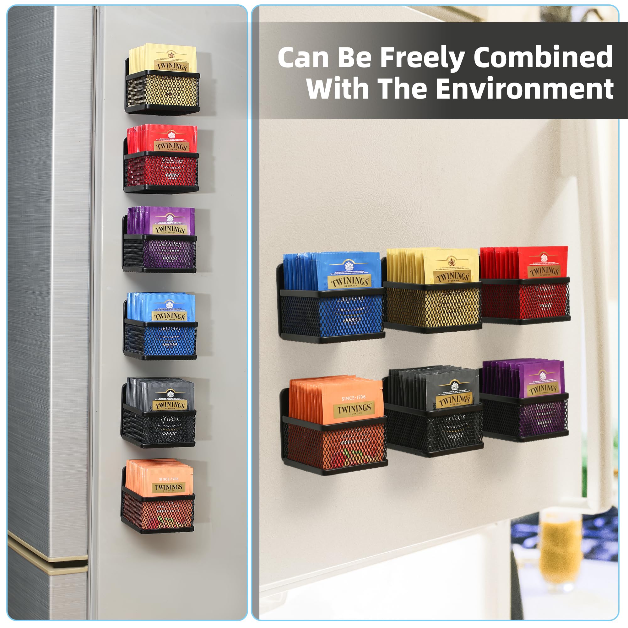 6-Piece Magnetic Tea Bag Organizer Set - Black Metal Tea Storage for Refrigerator, Counter or Kitchen Shelf | Perfect Tea Gift for Tea Lovers (Small, DB-1205) | Keep Your Tea Bags Fresh & Organized at Home or Office