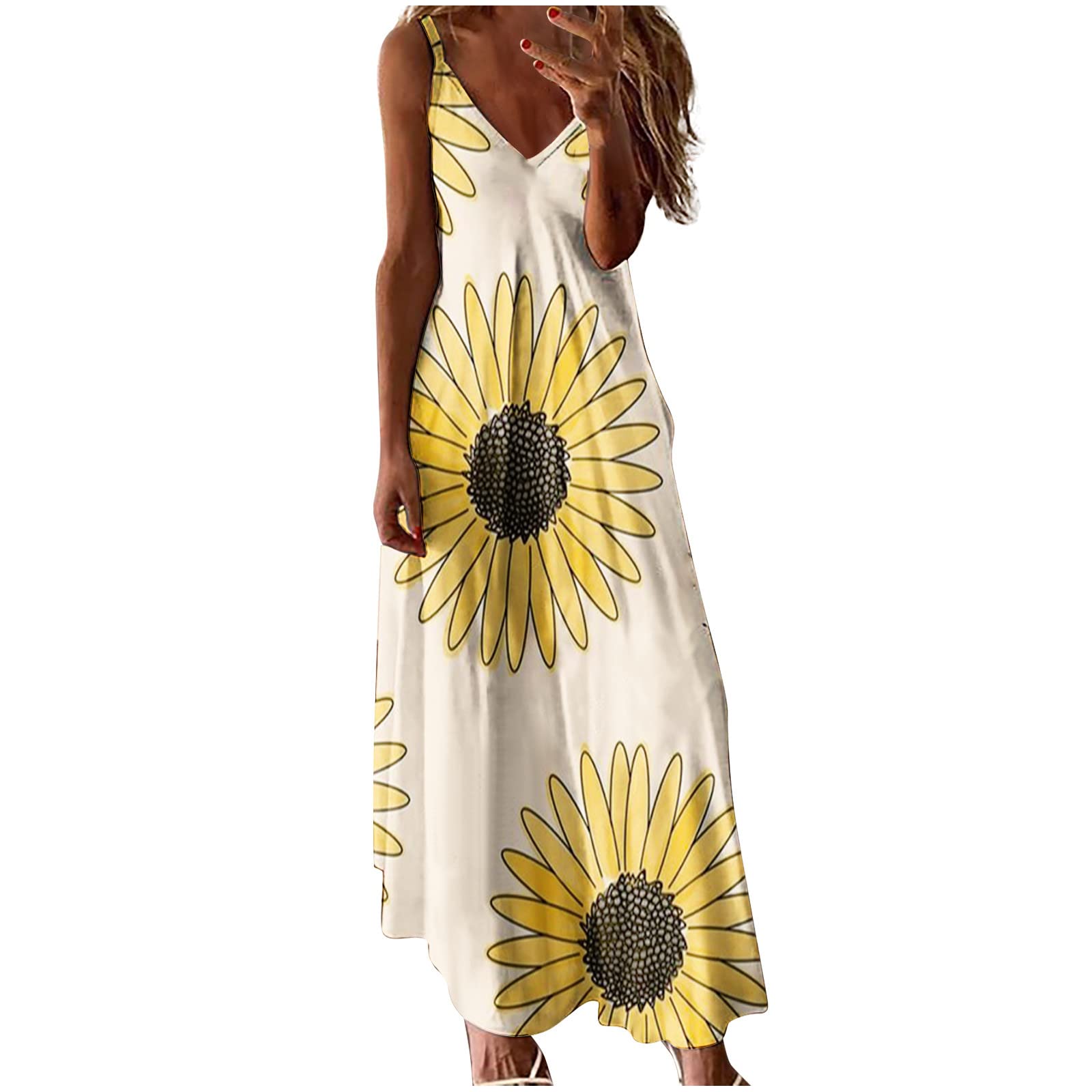 Women's Floral Print Maxi Dress - Sleeveless V-Neck Midi Waist Summer Beach Dress for Spring & Vacation | Casual, Boho, Outdoor & Party Wear