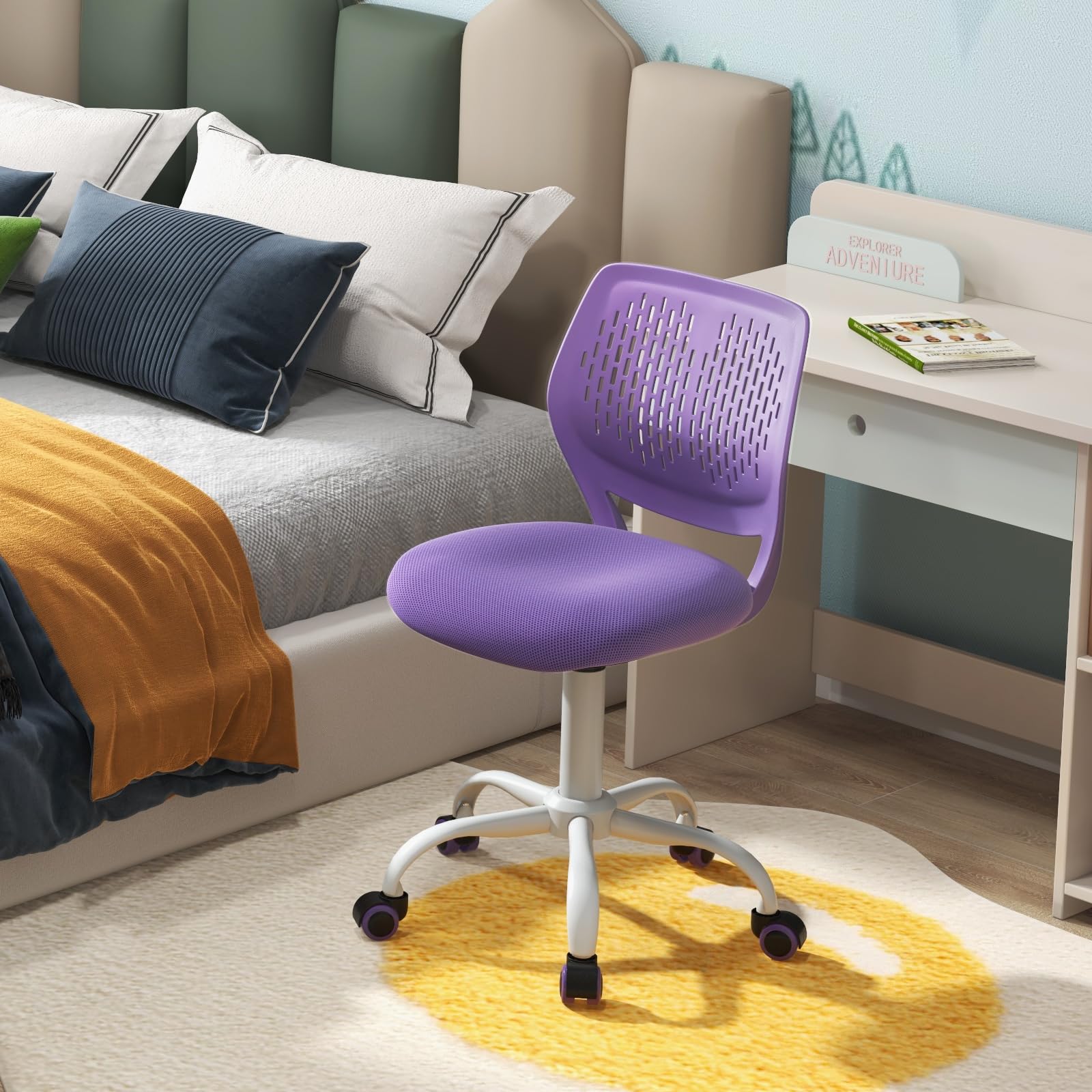 Powerstone Compact Rolling Desk Chair - Adjustable Mid-Back Swivel Office Chair with Wheels, Armless Computer Task Chair for Small Spaces (Purple) - Perfect for Home Office, Study Rooms & Compact Workspaces