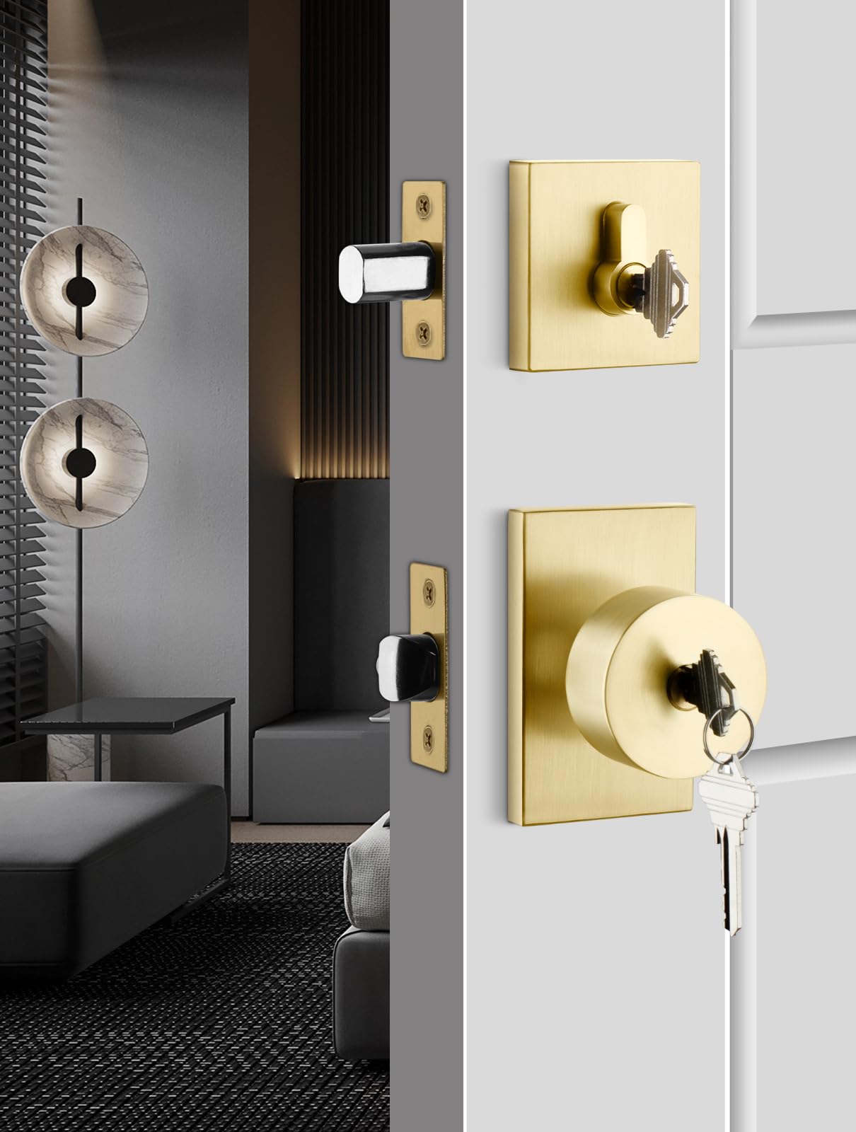 Goldenwarm Brushed Gold Exterior Door Knob with Deadbolt - Heavy Duty Brass Front Entry Door Lock Set (1 Pack) | Contemporary Square Design for Enhanced Home Security & Curb Appeal | Perfect for Front Doors, Back Doors & Patio Entrances