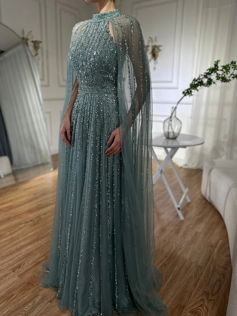 Luxury Dubai Arabic Caramel A-Line Cape Sleeve Beaded Evening Gown - Saudi Formal Dress for Women LA72306B | Perfect for Weddings, Galas & Special Occasions