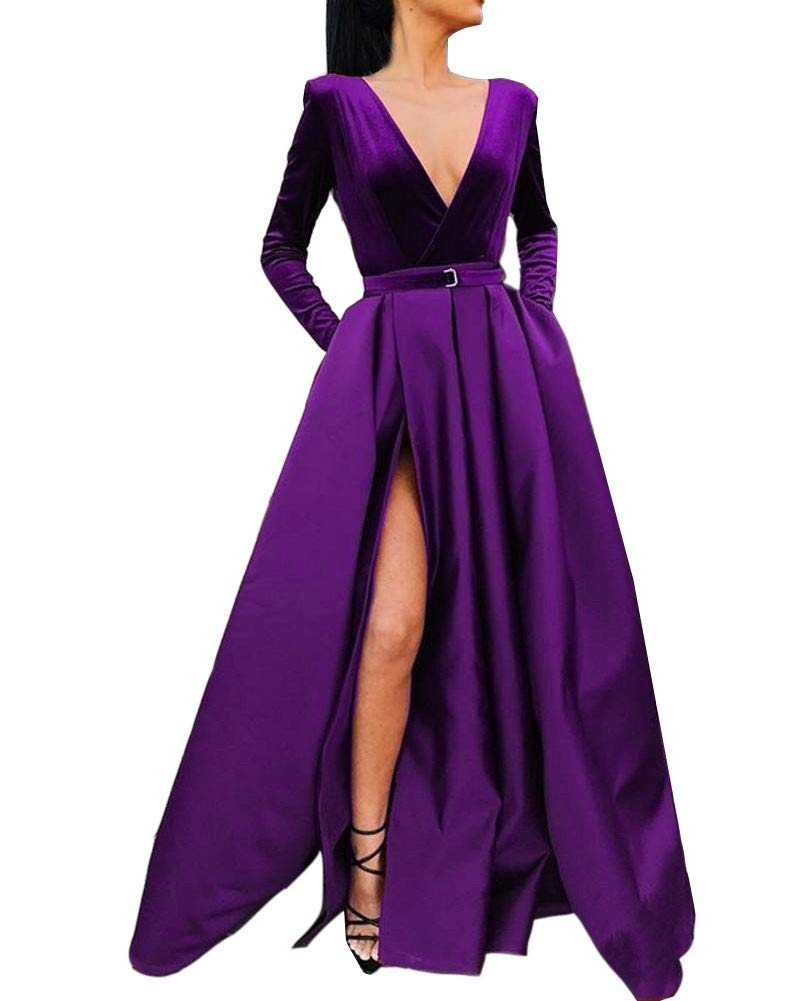 Honeydress Women's V-Neck Velvet Prom Dress Long Sleeve Formal Evening Gown with Pockets - Dark Purple for Homecoming, Wedding Guest, Cocktail Party & Special Occasions