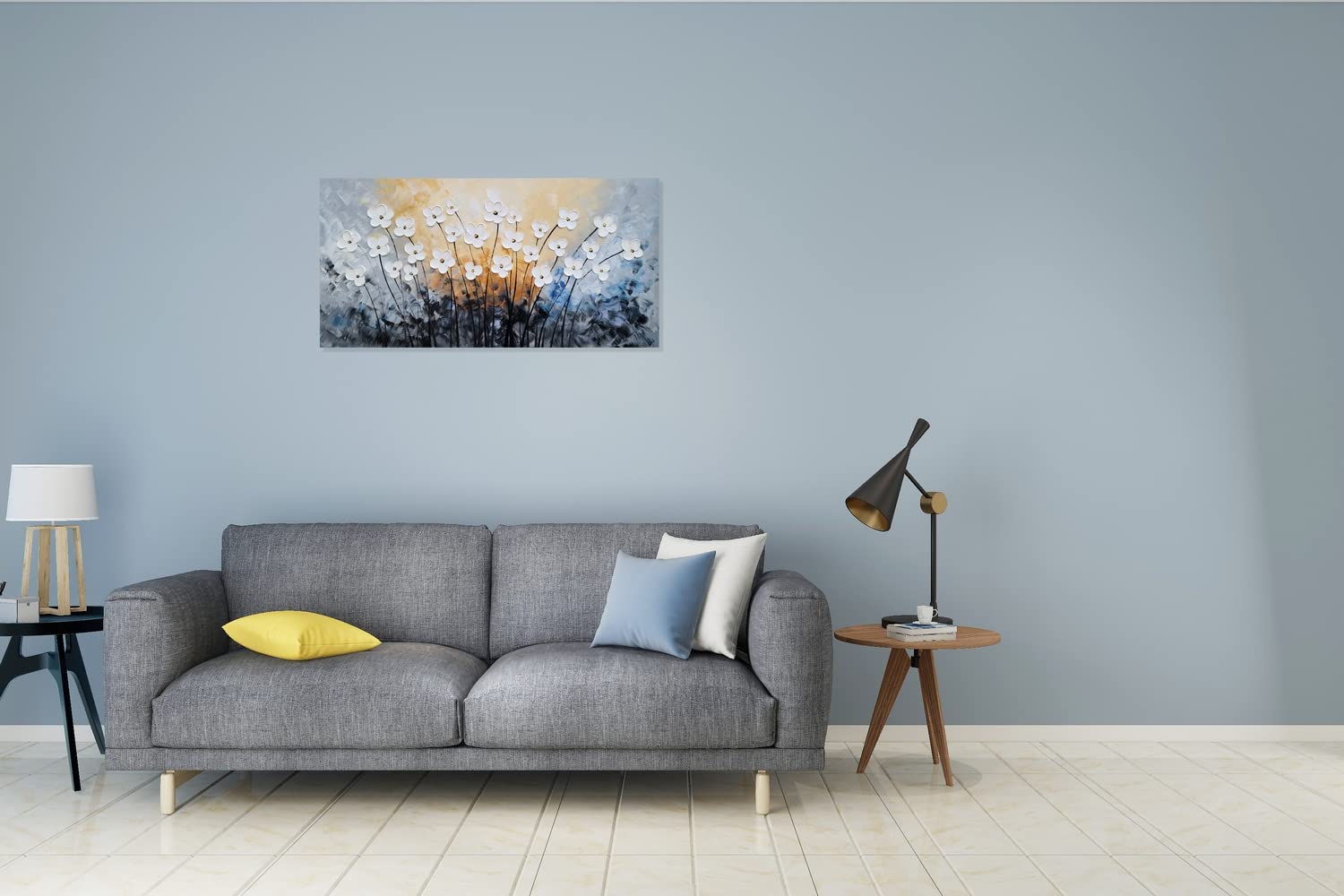 SYGALLERIER White Flower Canvas Wall Art - Hand Painted 3D Oil Painting for Living Room, Farmhouse & Dining Room Decor - Black & Blue Floral Picture - Perfect for Home, Office & Wedding Decorations