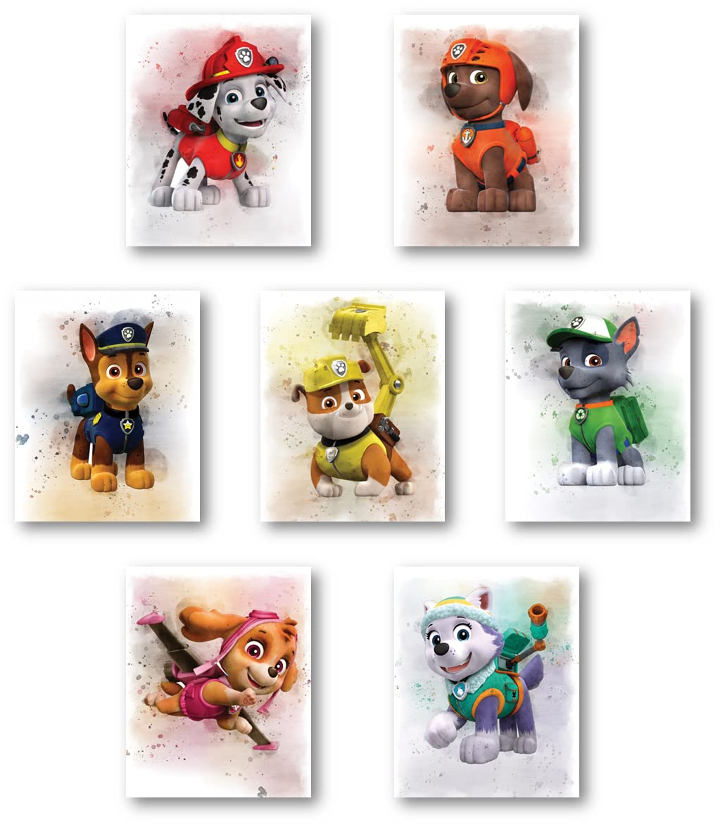 Colorful Watercolor Cartoon Posters for Kids - Set of 7 Unframed 8x10 Inch Wall Art Decor for Boys & Girls Bedrooms, Nursery, Playroom, Bathroom - Perfect for Birthday Party Decorations & Children's Room Design
