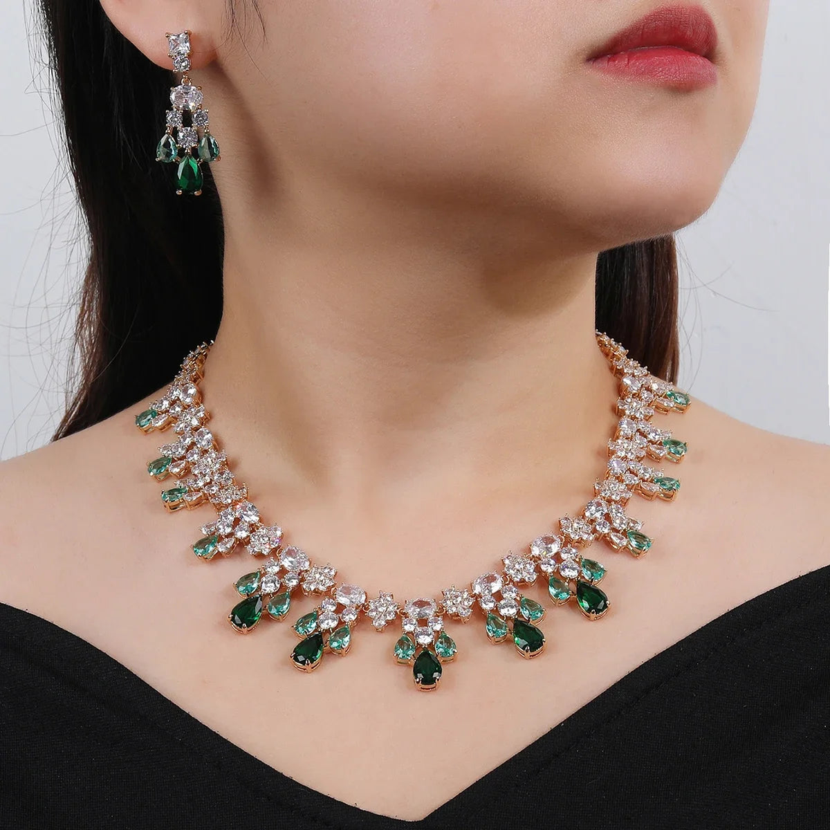 Luxury 2-Piece Cubic Zirconia Necklace & Earrings Set for Women - White, Red, Blue - Elegant Wedding, Party, and Evening Jewelry Set - Perfect for Bridal, Prom, and Formal Occasions
