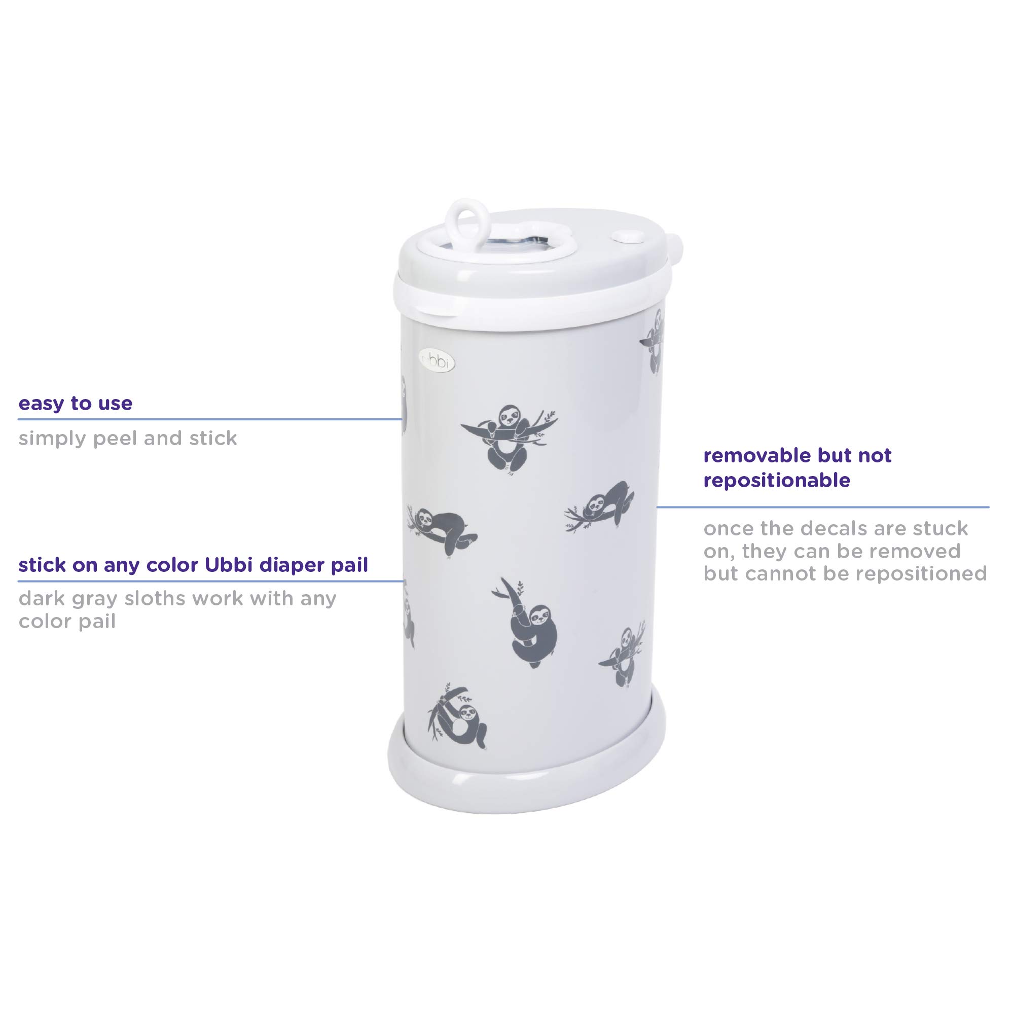 Ubbi Sloth Peel and Stick Wall Decals - Waterproof Nursery Stickers for Diaper Pail, Kids Room Decor - Perfect for Baby Shower Gifts & Toddler Bedroom Makeover