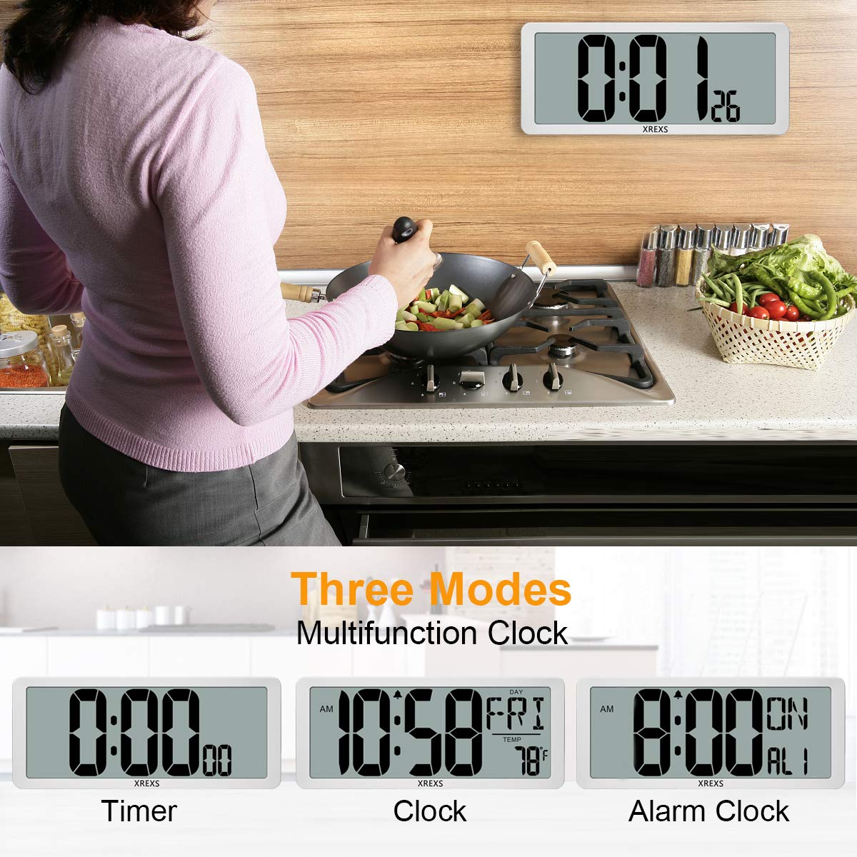 XREXS 14.17 Inch Large Digital Wall Clock with LCD Screen - Battery Operated Electronic Alarm Clock for Bedroom, Office & Kitchen | Displays Time, Date & Temperature | Features Count Up/Down Timer | Perfect for Home, Classroom and Workplace Use