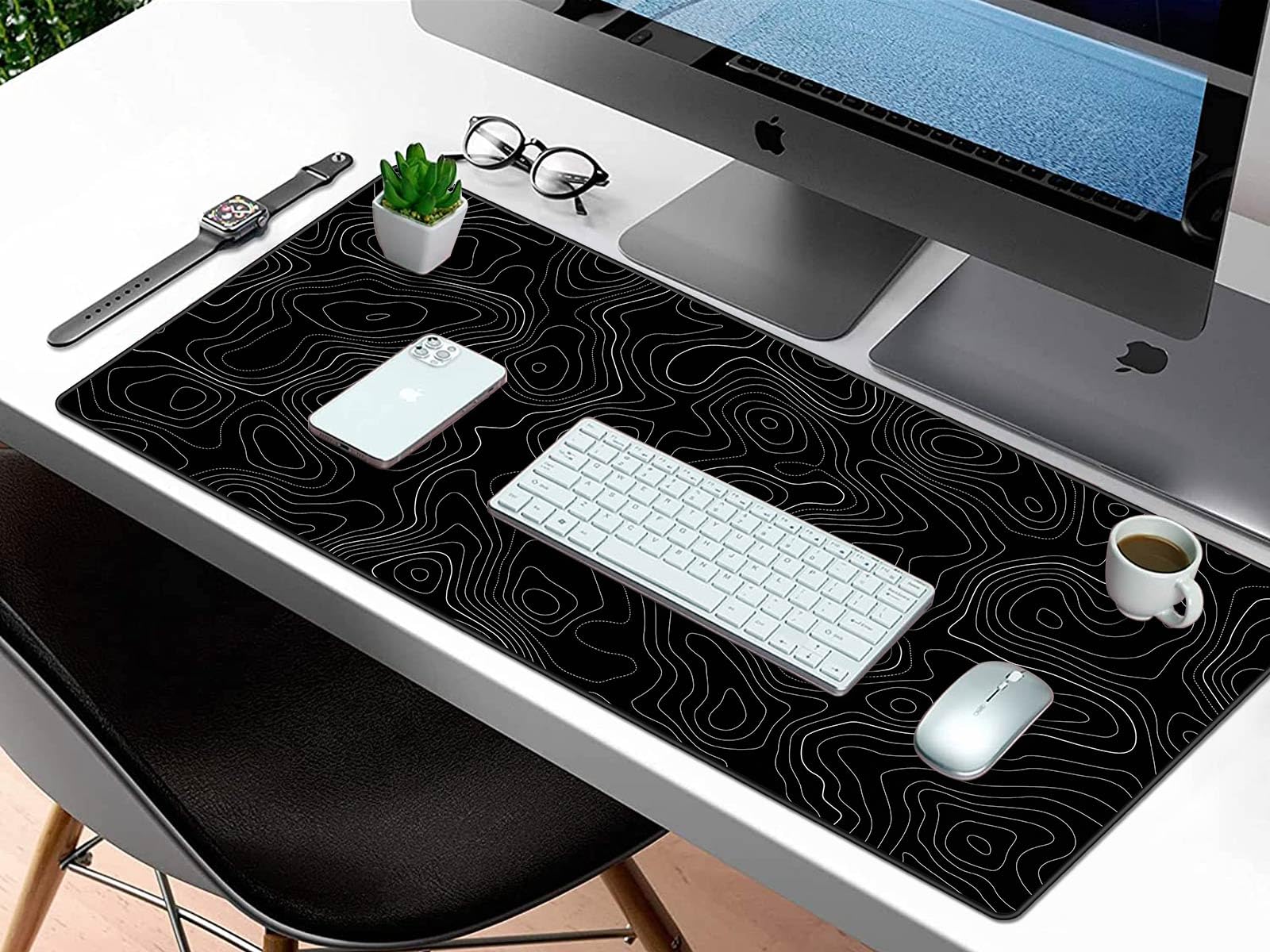 Extra Large Gaming Mouse Pad with Black Topographic Design - XXL Non-Slip Mouse Mat for PC, Laptop & Office Desk - Perfect for Gamers, Programmers & Office Workers (36
