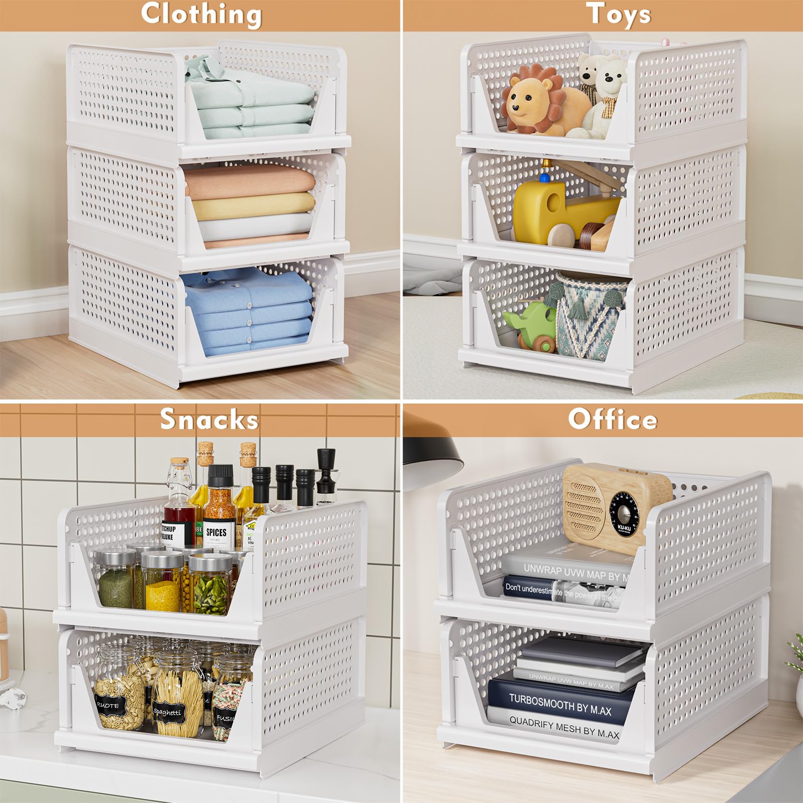 5 Pack Stackable Closet Organizer Boxes - Foldable Plastic Storage Bins & Baskets for Wardrobe, Cupboard, Kitchen, Bathroom & Office | Space-Saving Home Organization Solution for Clothes, Toys & Essentials (White)