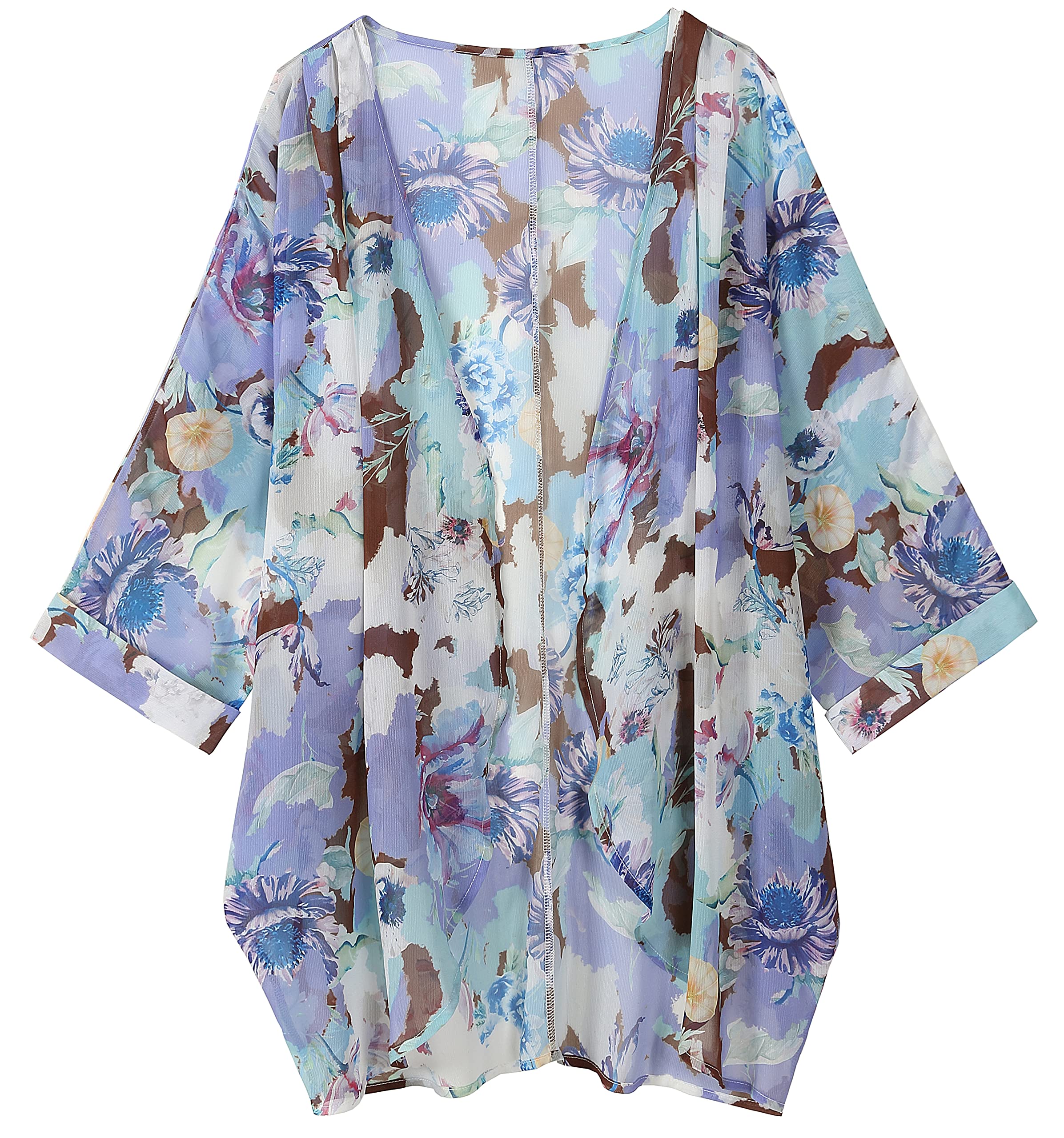 Tribear Women's Floral Printed Chiffon Kimono Cardigan - Lightweight Batwing Sleeve Cover Up for Beach, Pool, Summer Outfits & Casual Wear