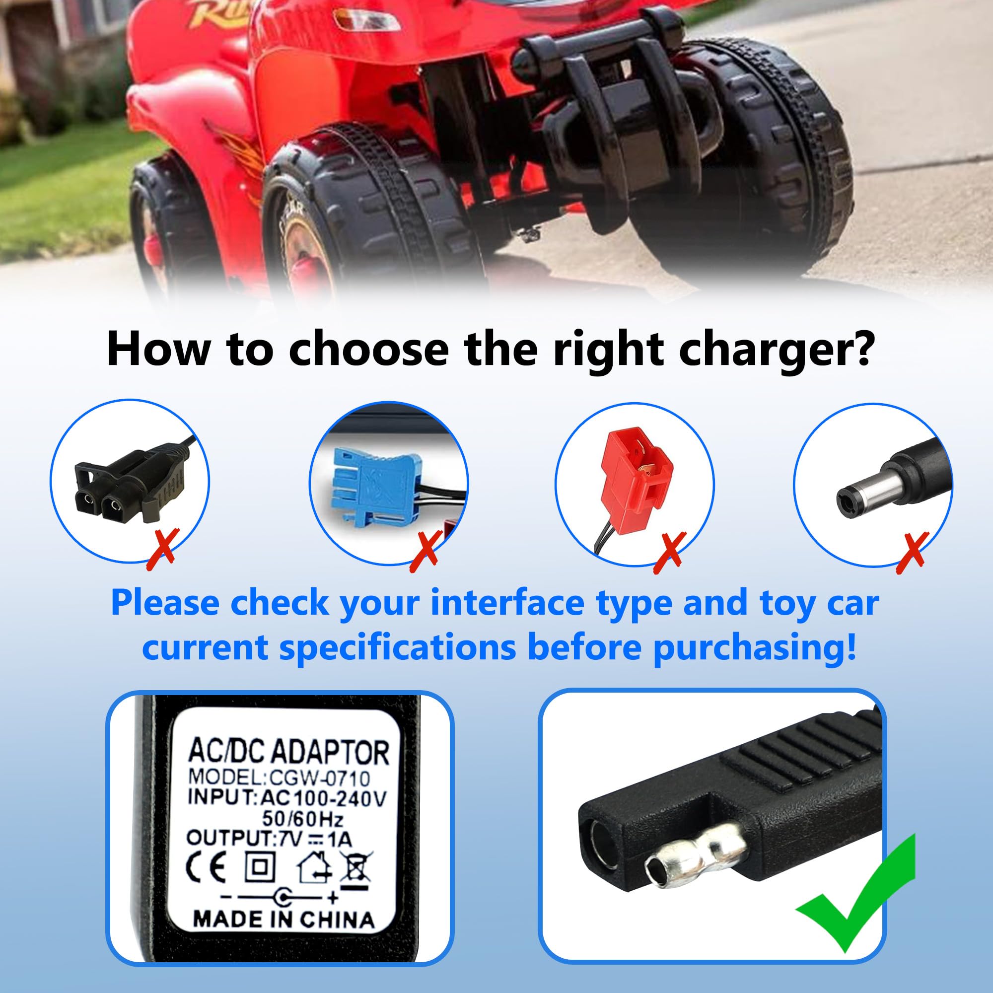 SAE Connector 6V Battery Charger for Kids Ride-On Cars - Compatible with Disney, Marvel Avengers, Frozen, Minnie Mouse, Cars McQueen & More | Perfect for Toy ATVs, Quad Bikes & Electric Vehicles