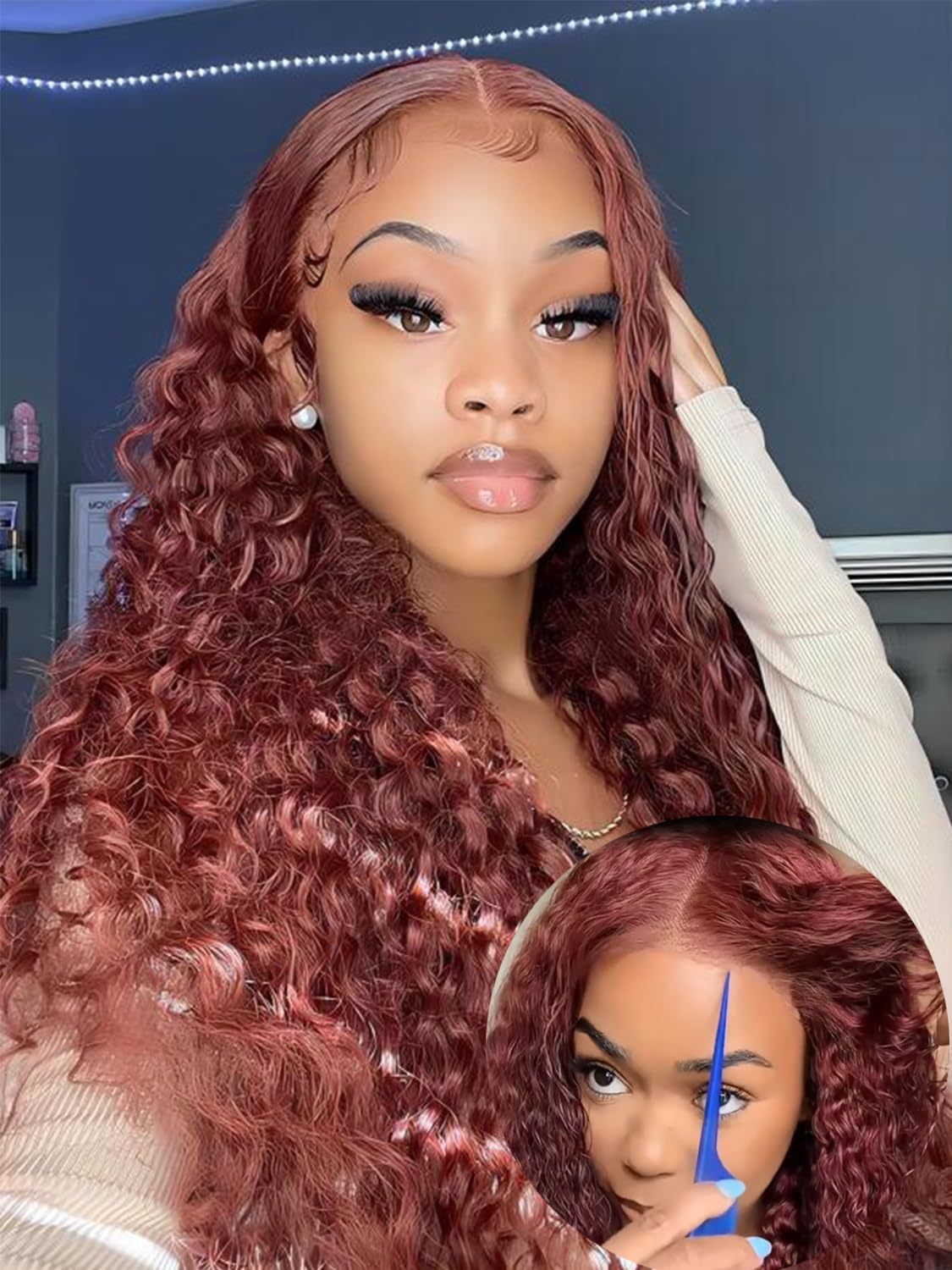 ISEE Burgundy Lace Front Wigs Human Hair - 6x4 HD Water Wave Pre Plucked Glueless Wig 180% Density 24 Inch (10A Reddish Brown) | Natural Looking Wear & Go Frontal Wig for Daily Use, Parties & Special Occasions