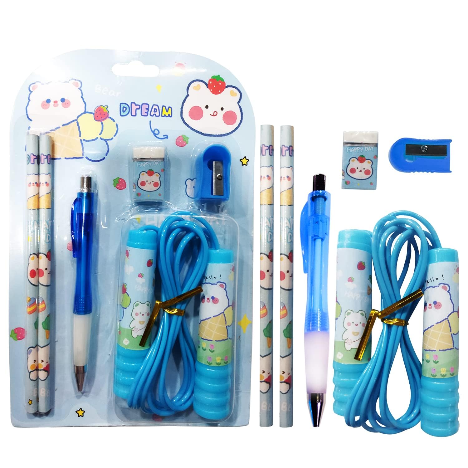 WingsCreations Kids Birthday Return Gifts - 6 Piece Blue Stationery Set with Pen, Pencil, Sharpener, Eraser & Jump Rope | Perfect for School Supplies, Party Favors & Children's Gift Ideas