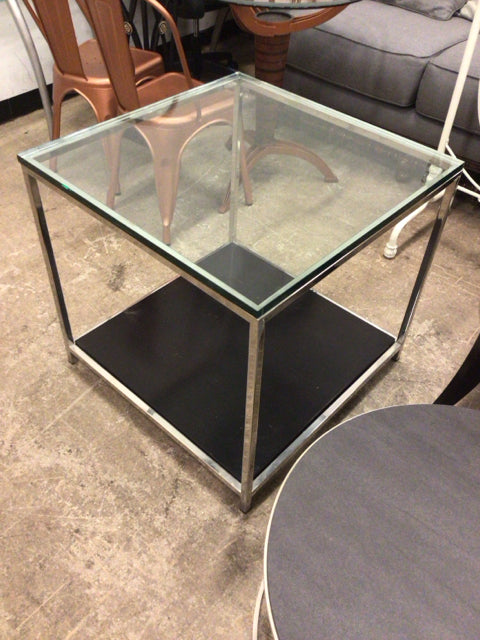 Modern Square Glass Top End Table with Metal & Wood Base - Stylish Accent Table for Living Room, Bedroom, or Office Decor