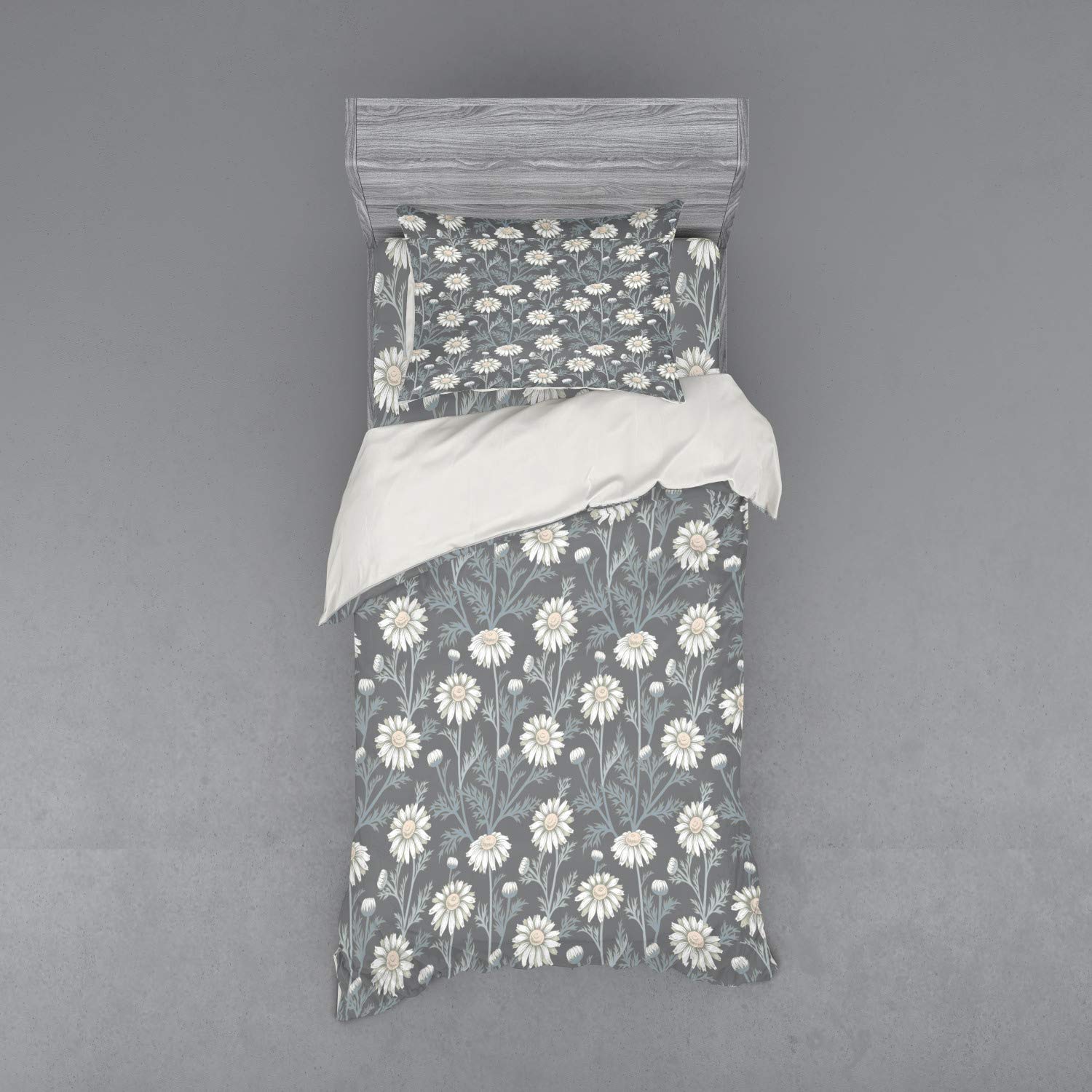 Ambesonne Floral Duvet Cover Set - Cottage Daisy Petals Field Summer Gardening Theme Chamomile Flourish, 3-Piece Bedding Set with Pillow Sham & Fitted Sheet, Twin Size, Grey Coconut Sage Green - Perfect for Cottage, Farmhouse & Boho Bedroom Decor